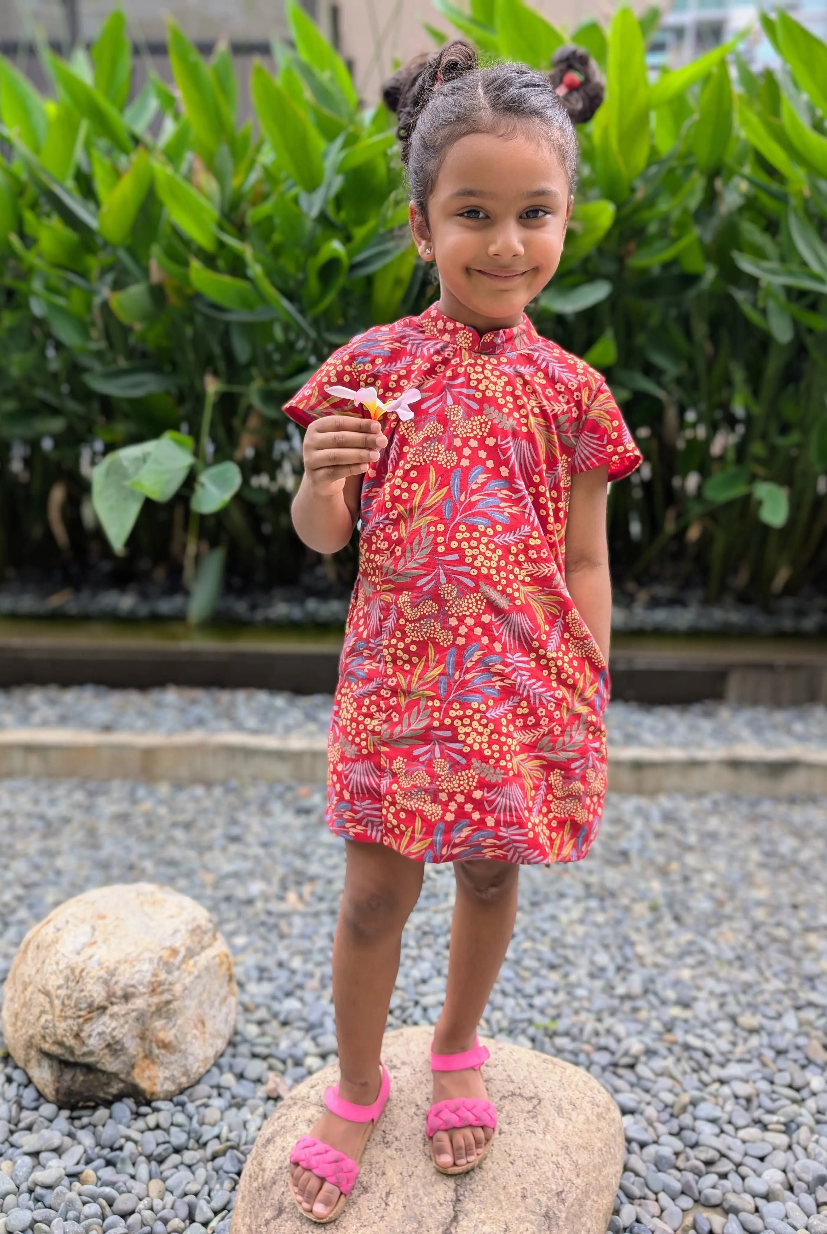 Ruby Blossom Girls Cotton Cheongsam Dress in Red Floral Nimbu