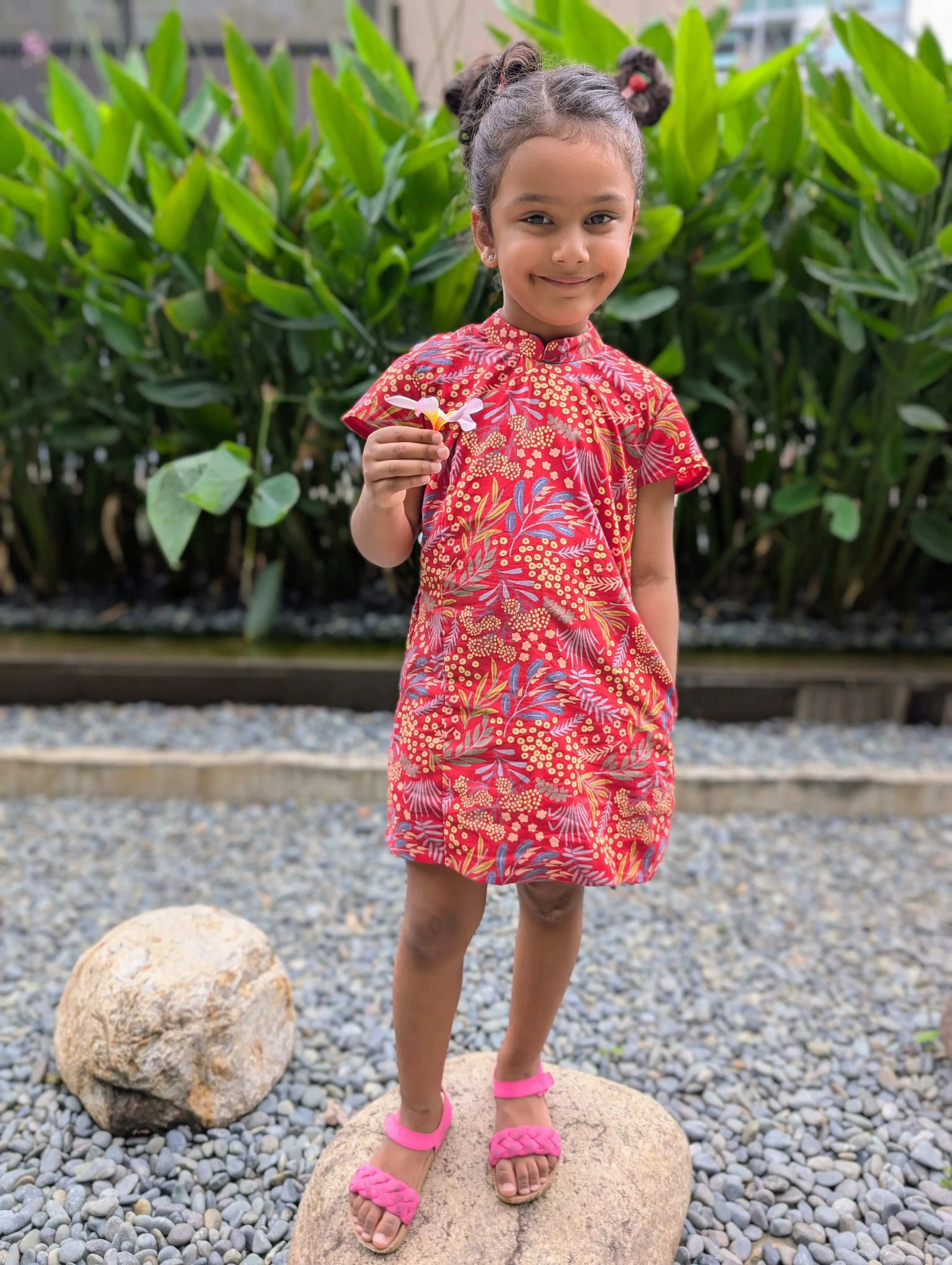 Ruby Blossom Girls Cotton Cheongsam Dress in Red Floral Nimbu