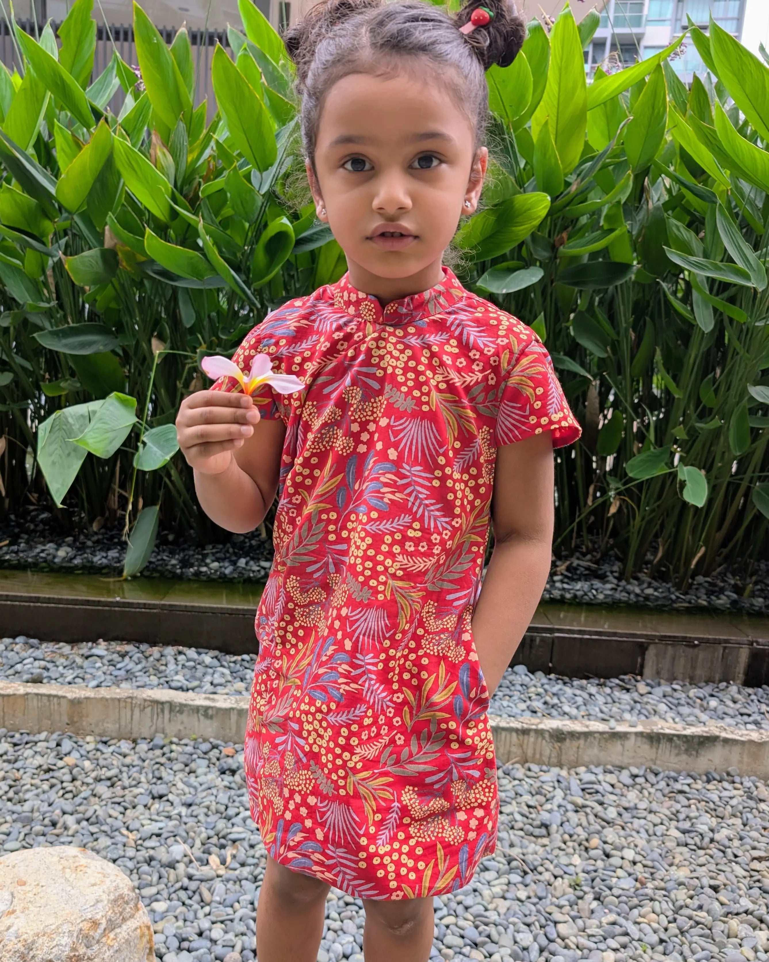 Ruby Blossom Girls Cotton Cheongsam Dress in Red Floral Nimbu