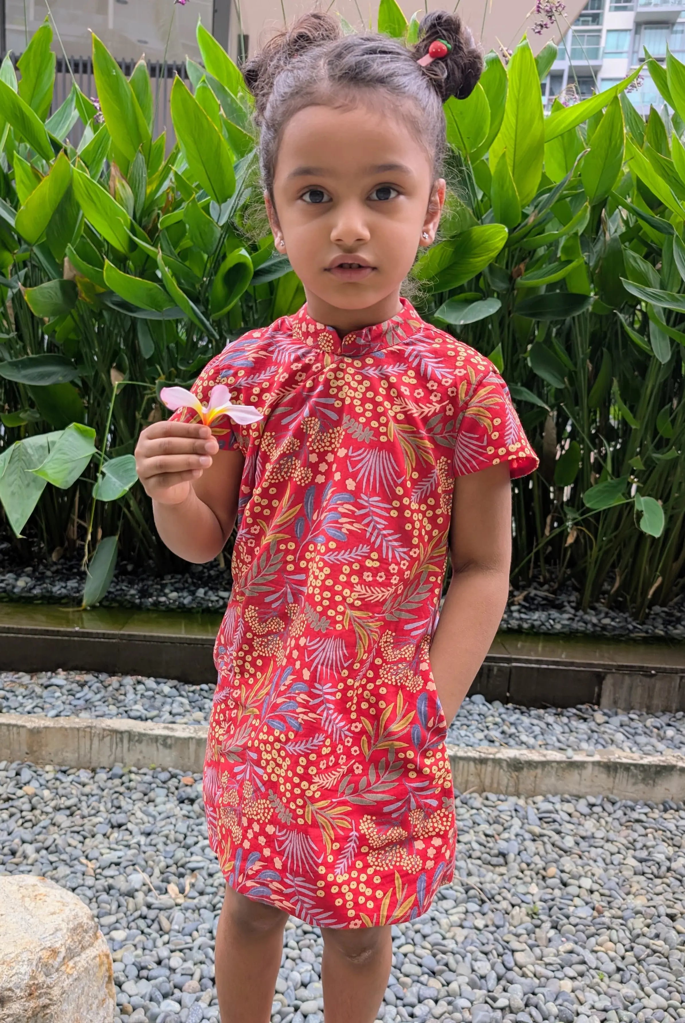 Ruby Blossom Girls Cotton Cheongsam Dress in Red Floral Nimbu