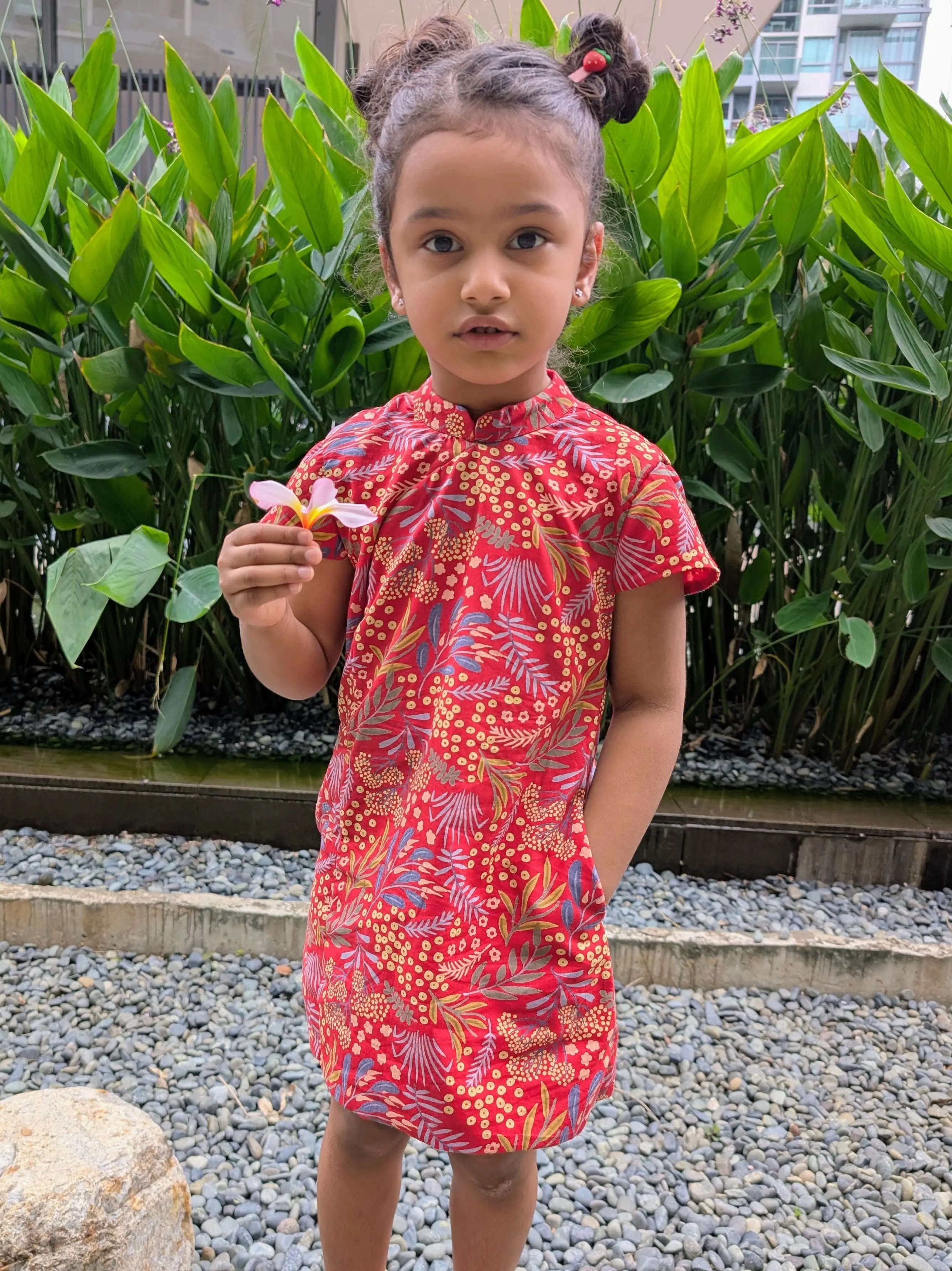 Ruby Blossom Girls Cotton Cheongsam Dress in Red Floral Nimbu