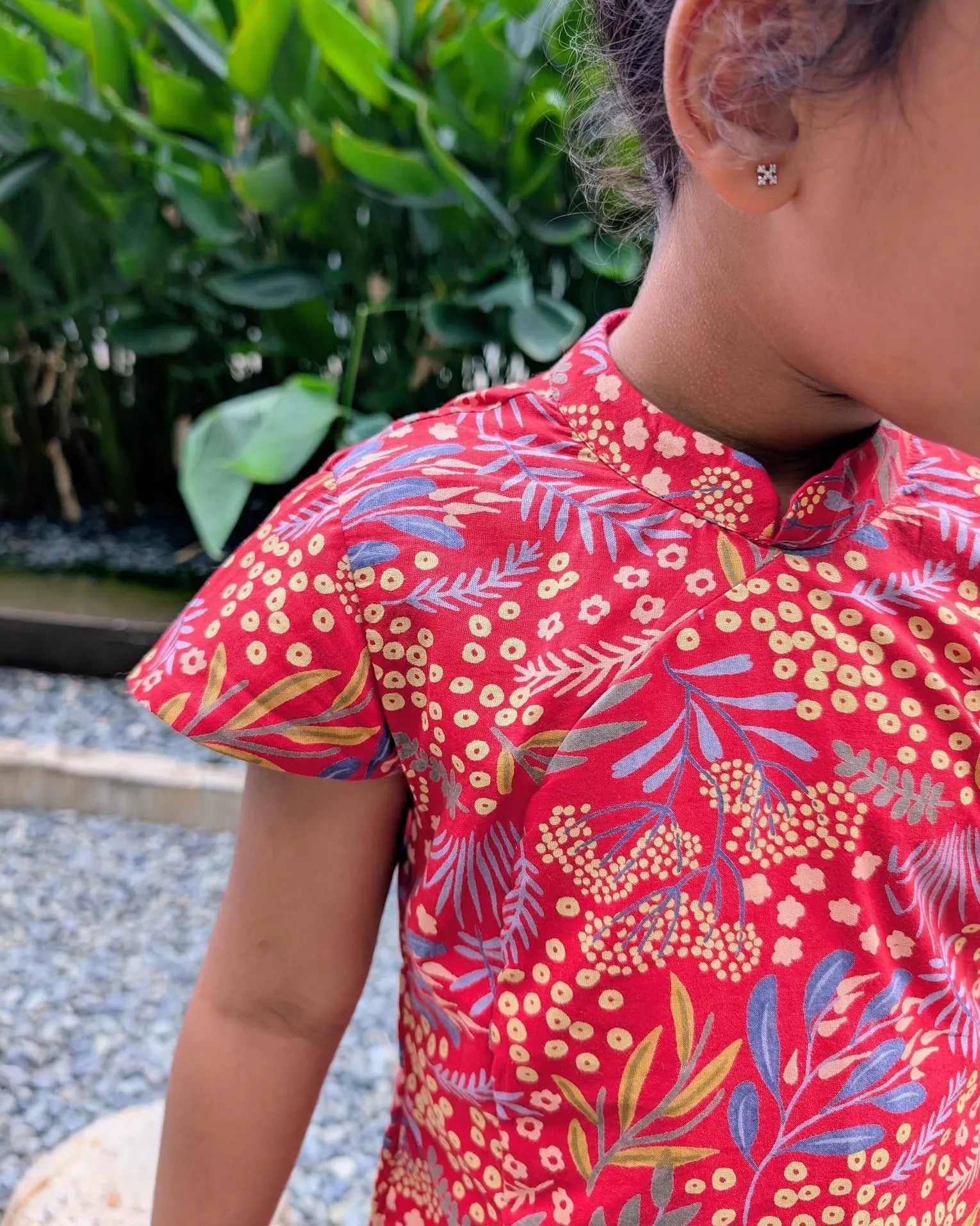 Ruby Blossom Girls Cotton Cheongsam Dress in Red Floral Nimbu