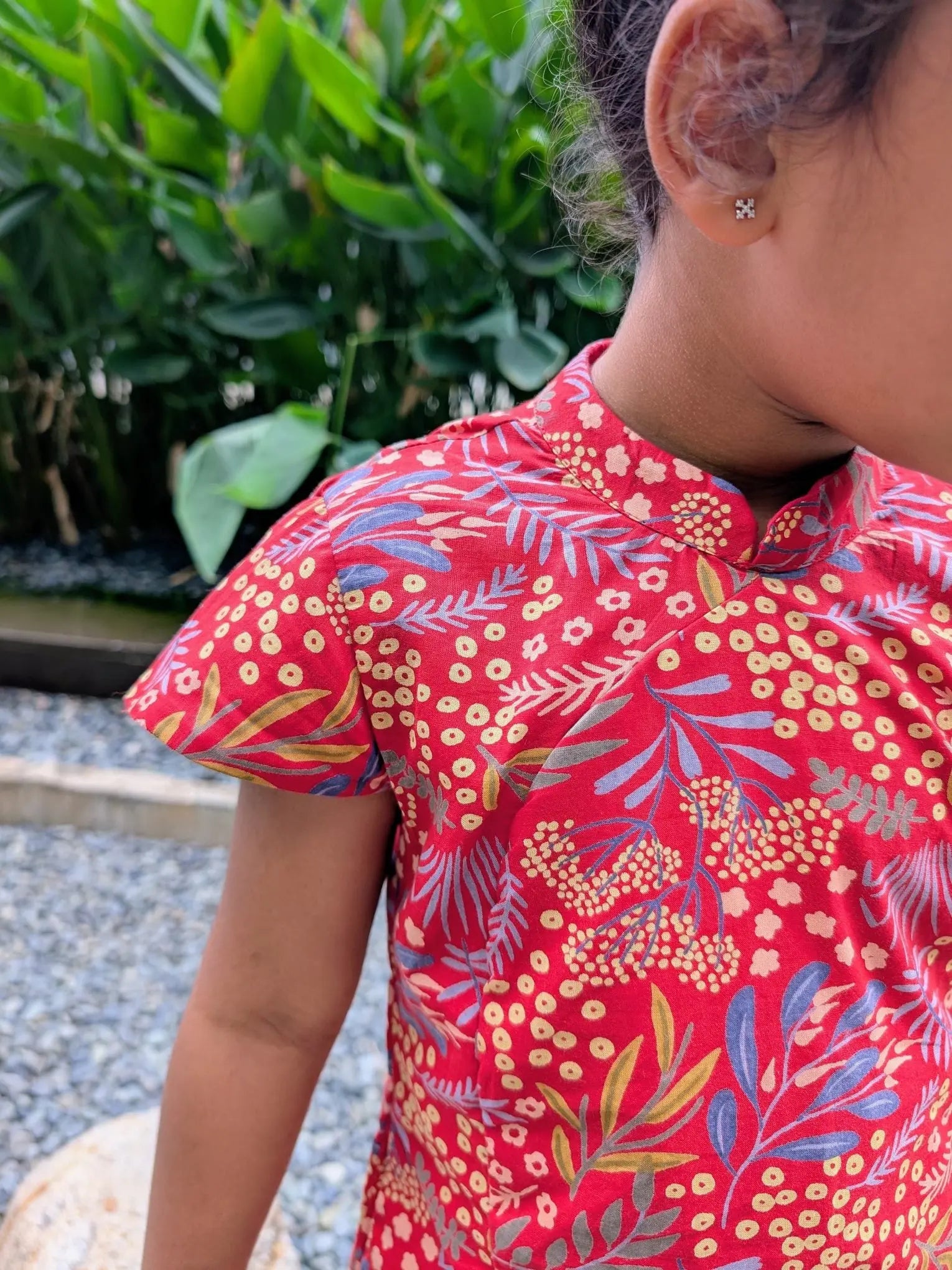 Ruby Blossom Girls Cotton Cheongsam Dress in Red Floral Nimbu