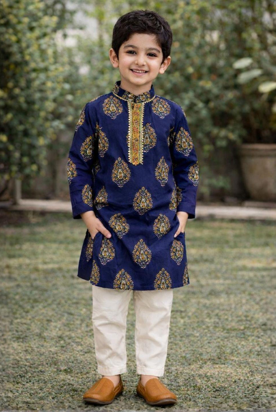 Nimbu Saaj Boota Blue Boys Kurta Pajama