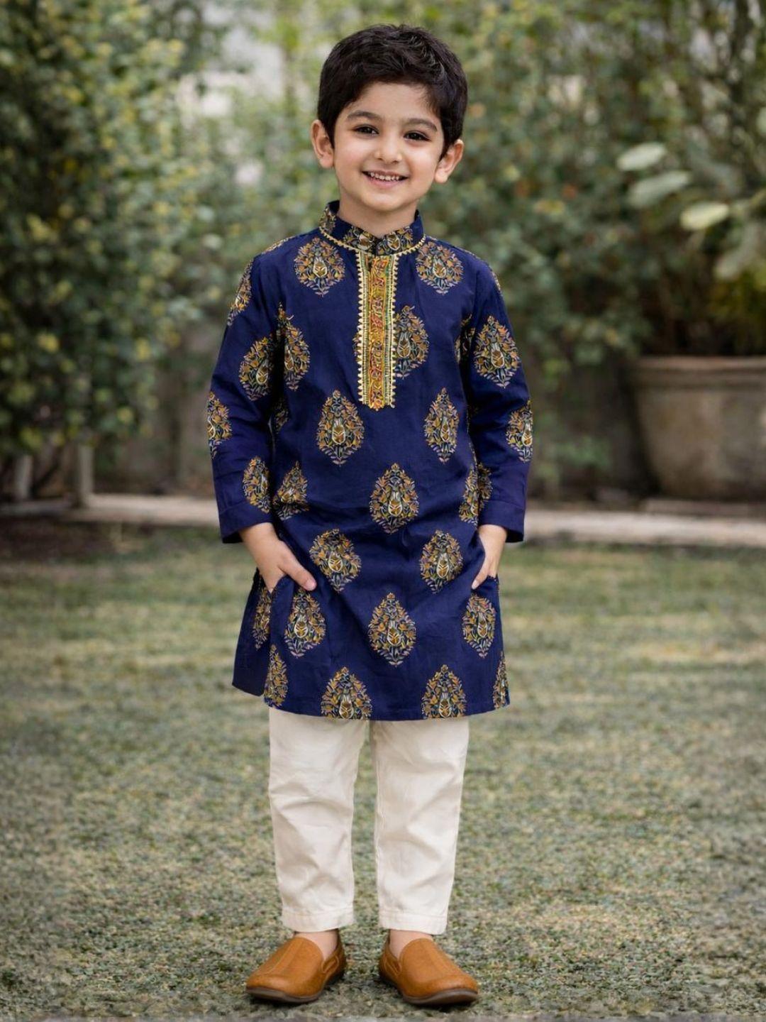 Nimbu Saaj Boota Blue Boys Kurta Pajama