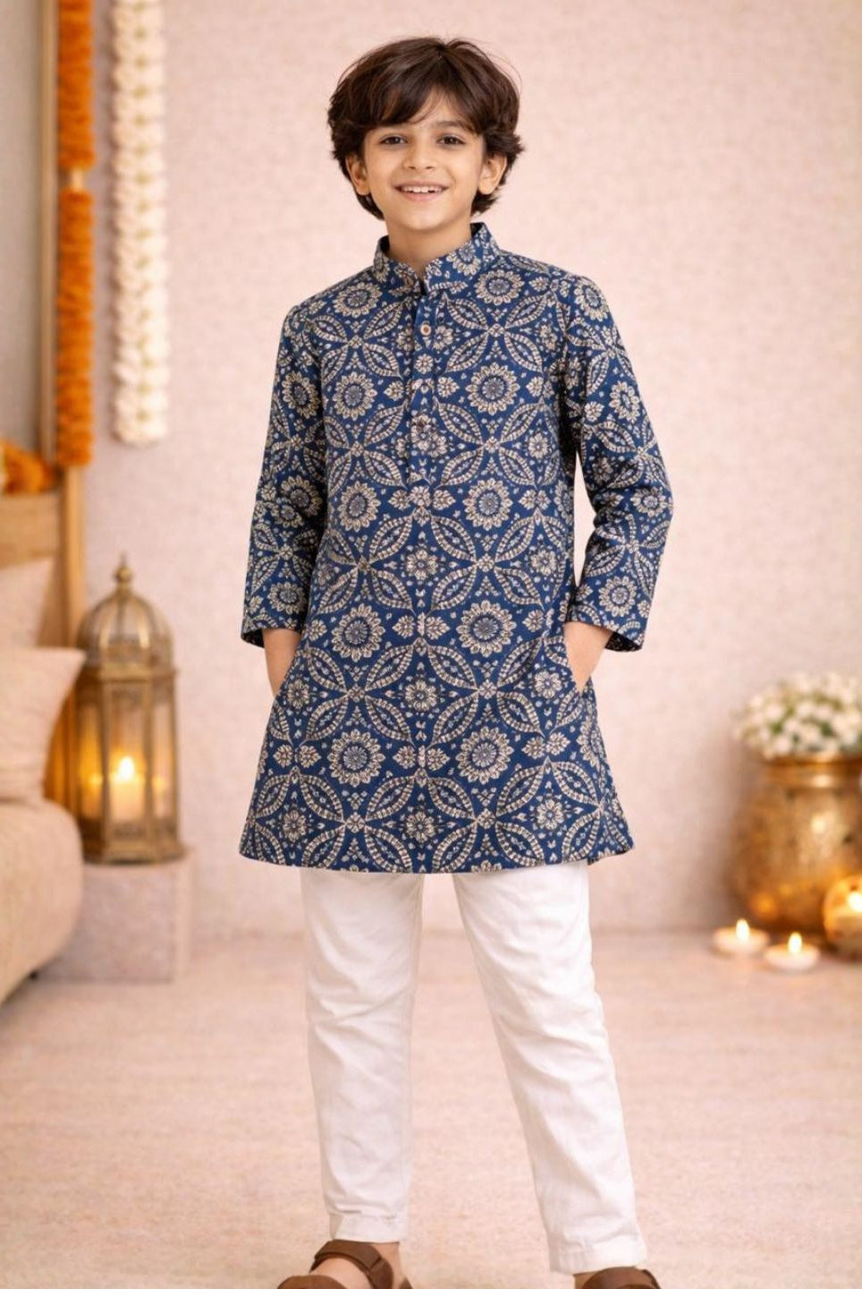 Nimbu Saaj Kalamkari Blue Boys Kurta Pajama