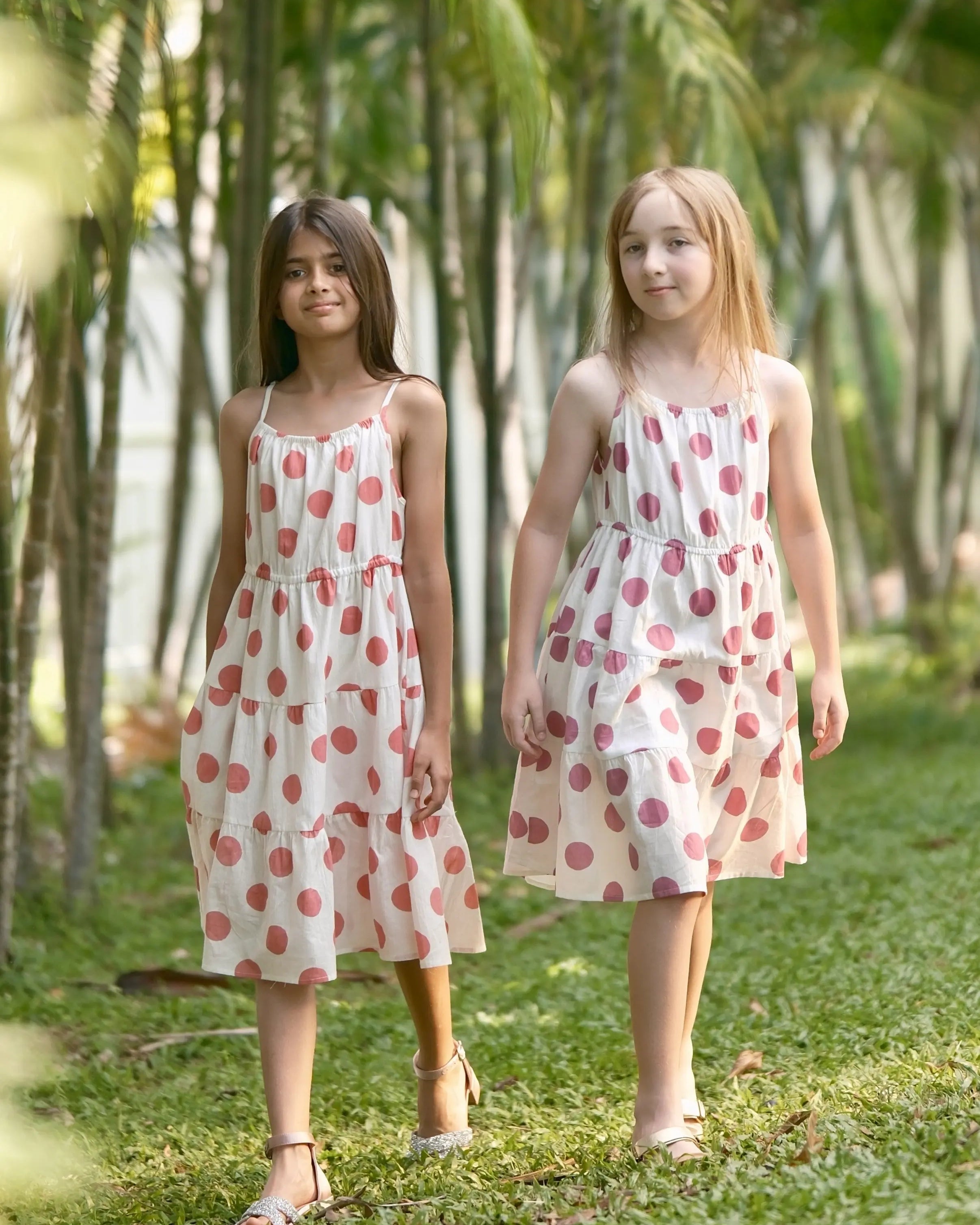Sasha Coral Polka Girls Long Dress in Cotton Nimbu