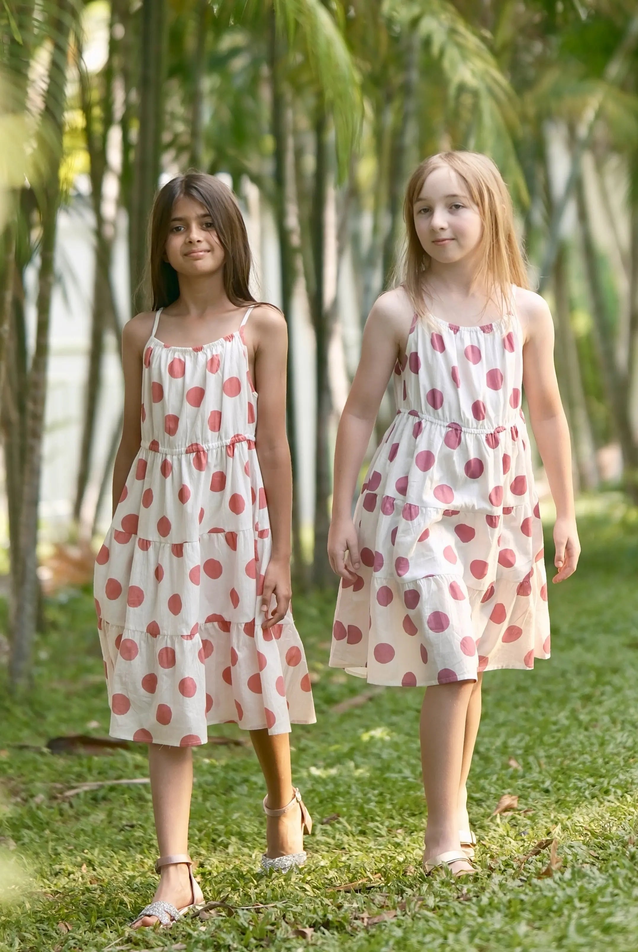 Sasha Coral Polka Girls Long Dress in Cotton Nimbu