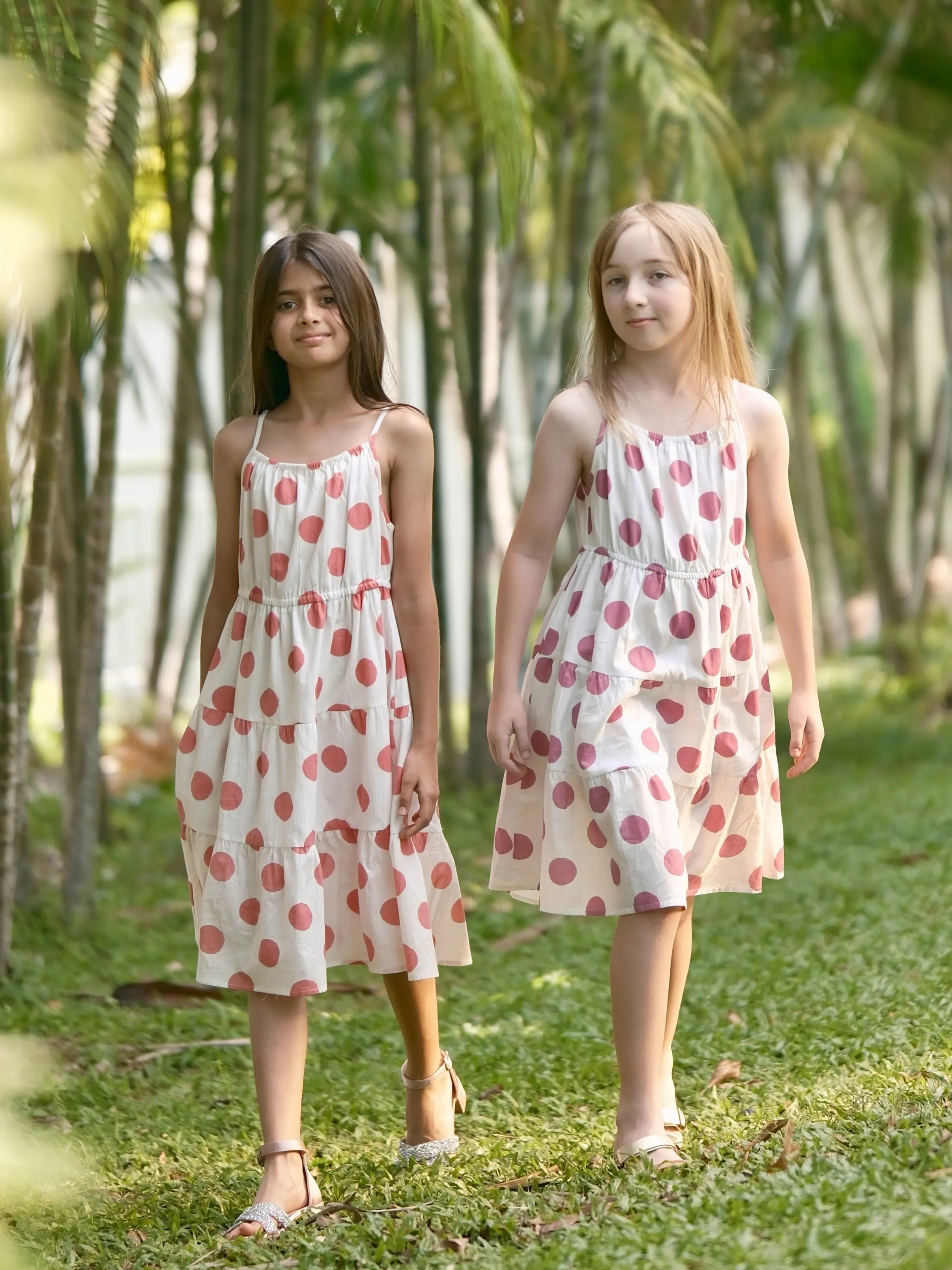 Sasha Coral Polka Girls Long Dress in Cotton Nimbu