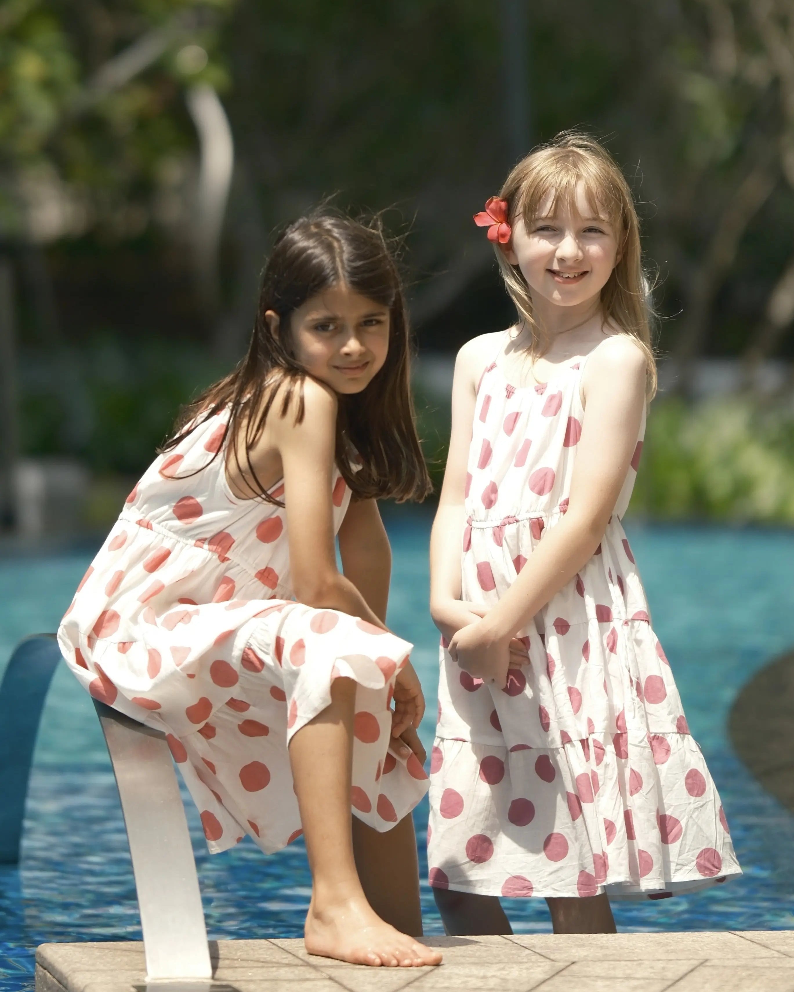 Sasha Coral Polka Girls Long Dress in Cotton Nimbu