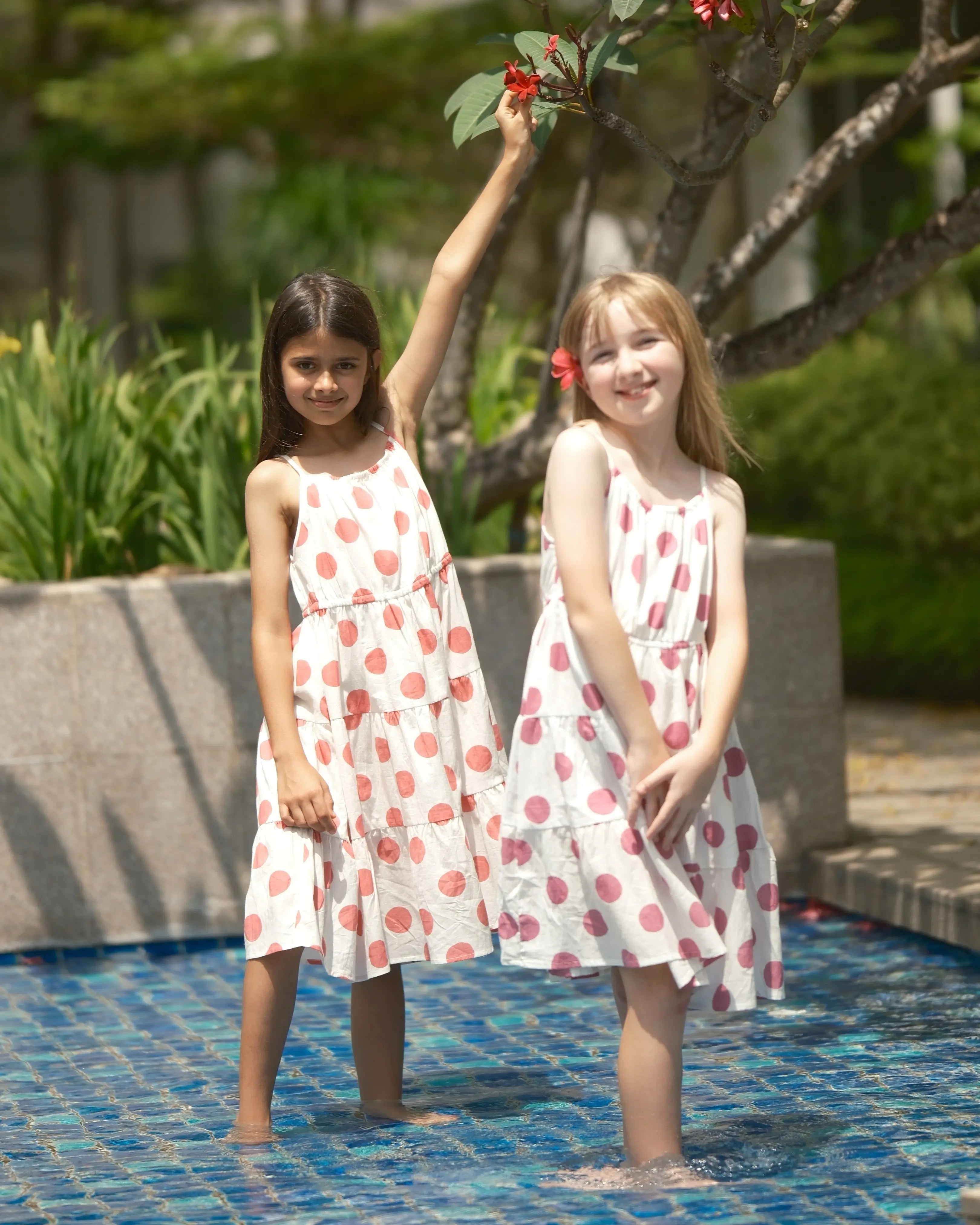 Sasha Coral Polka Girls Long Dress in Cotton Nimbu
