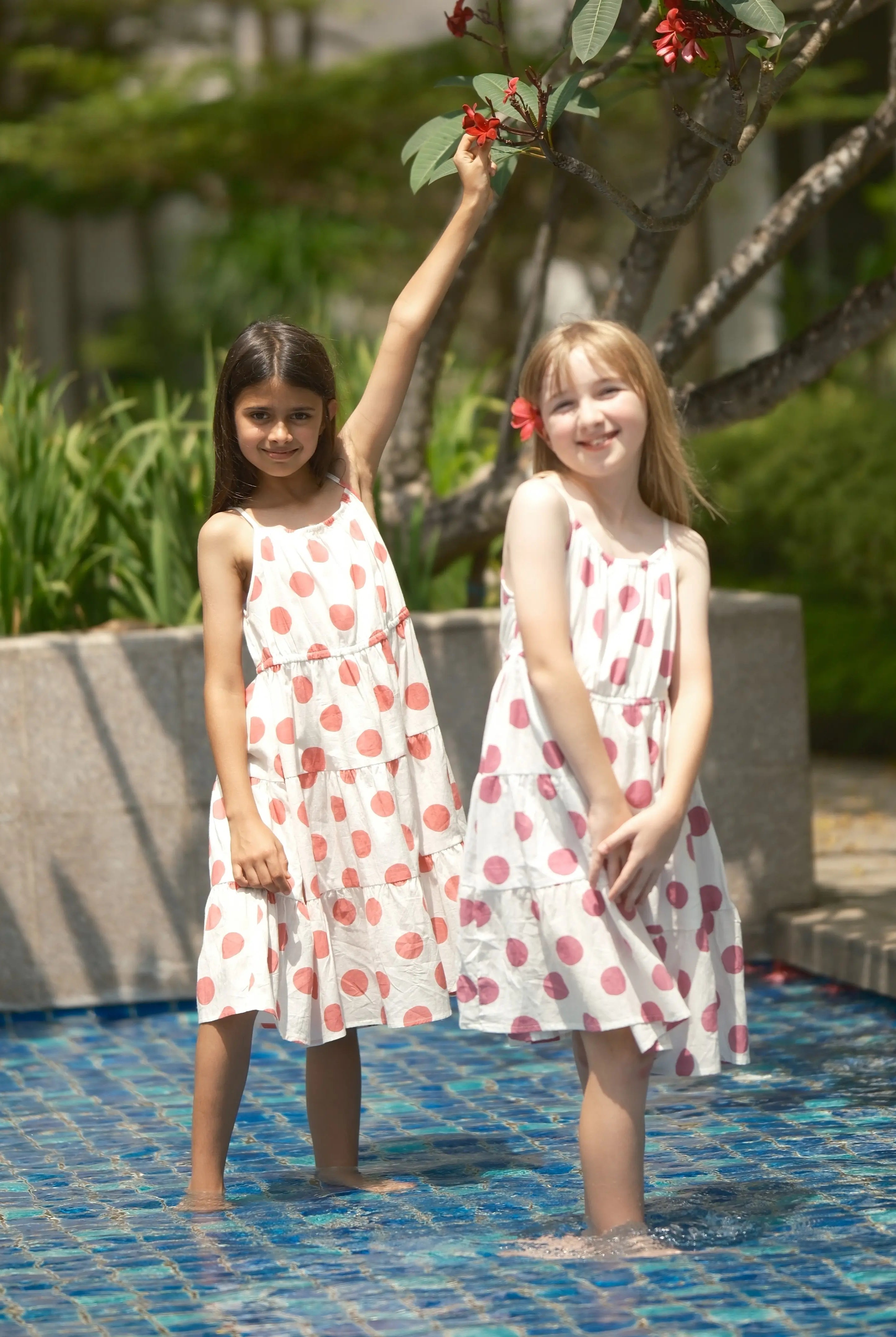 Sasha Coral Polka Girls Long Dress in Cotton Nimbu