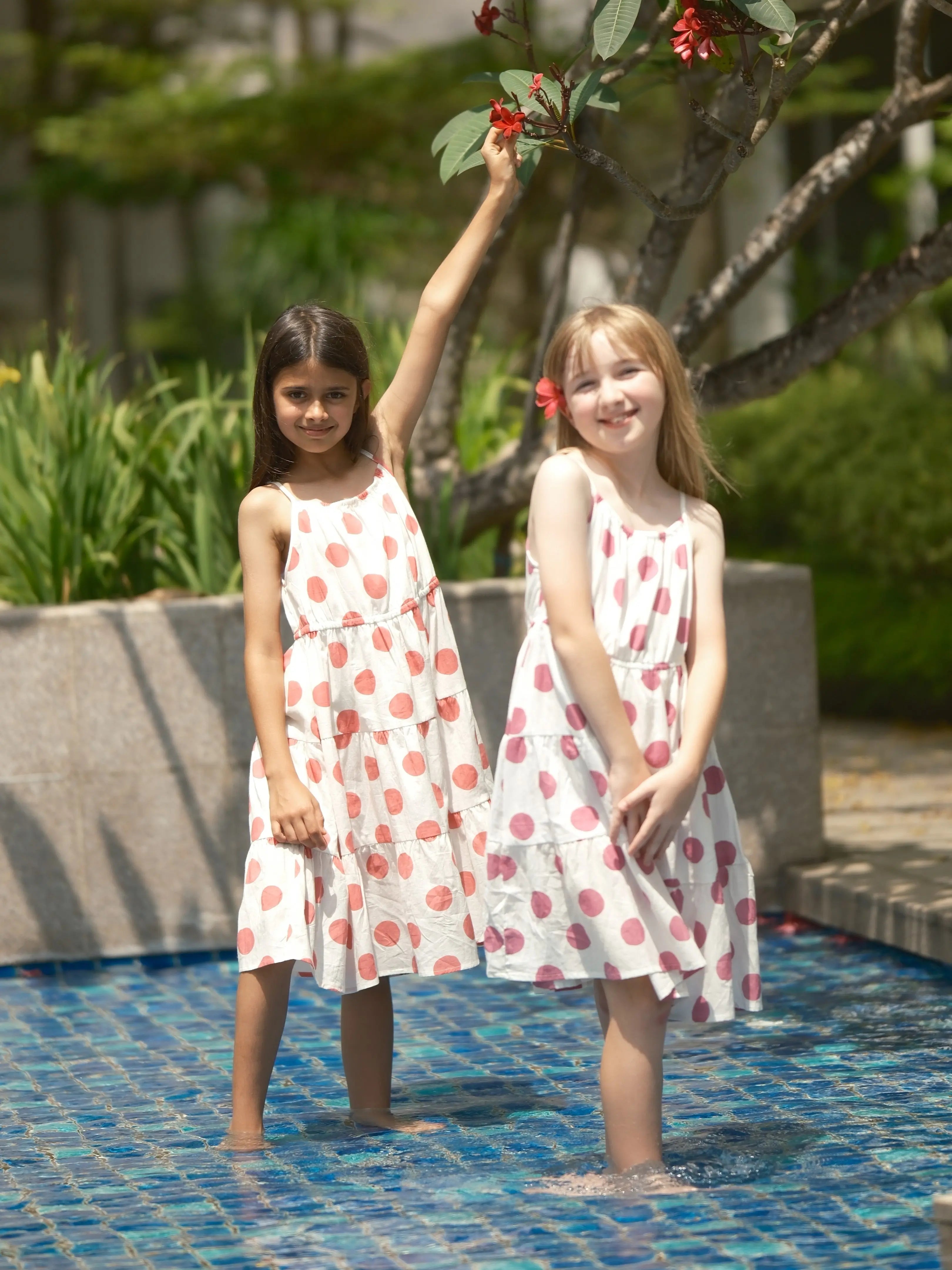 Sasha Coral Polka Girls Long Dress in Cotton Nimbu