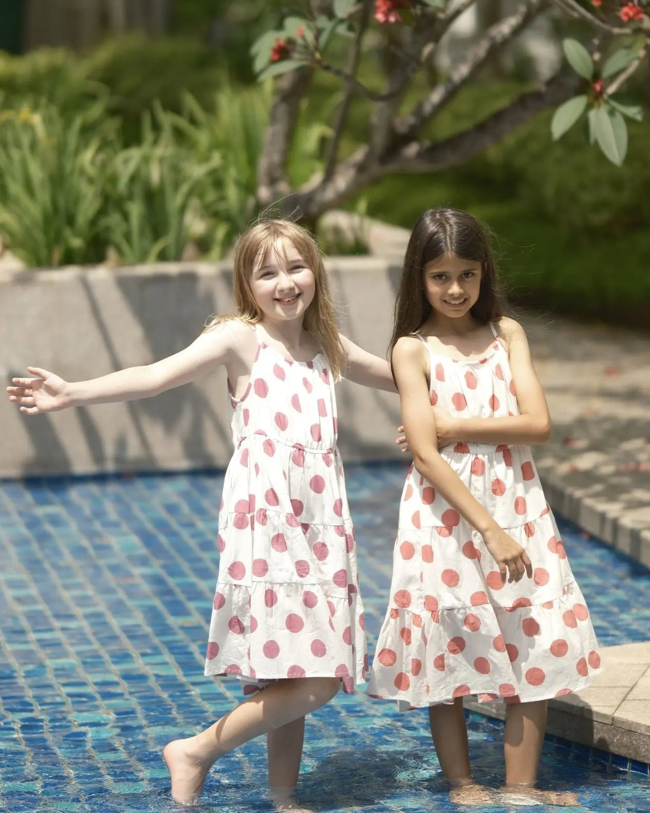 Sasha Coral Polka Girls Long Dress in Cotton Nimbu