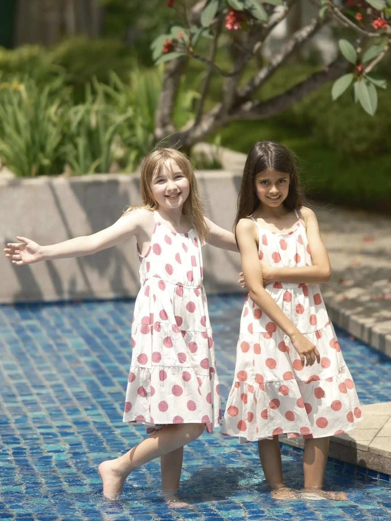 Sasha Coral Polka Girls Long Dress in Cotton Nimbu