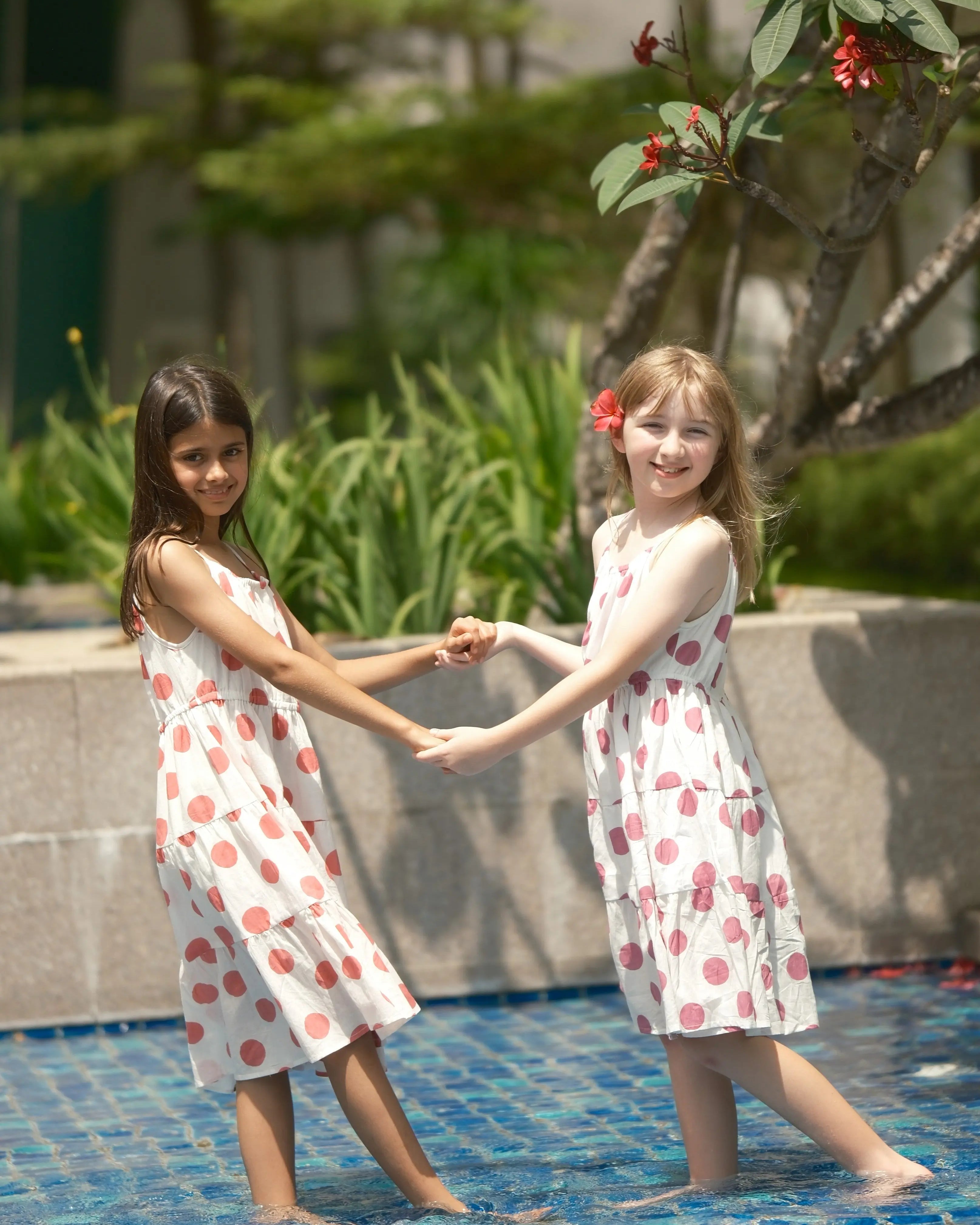 Sasha Coral Polka Girls Long Dress in Cotton Nimbu