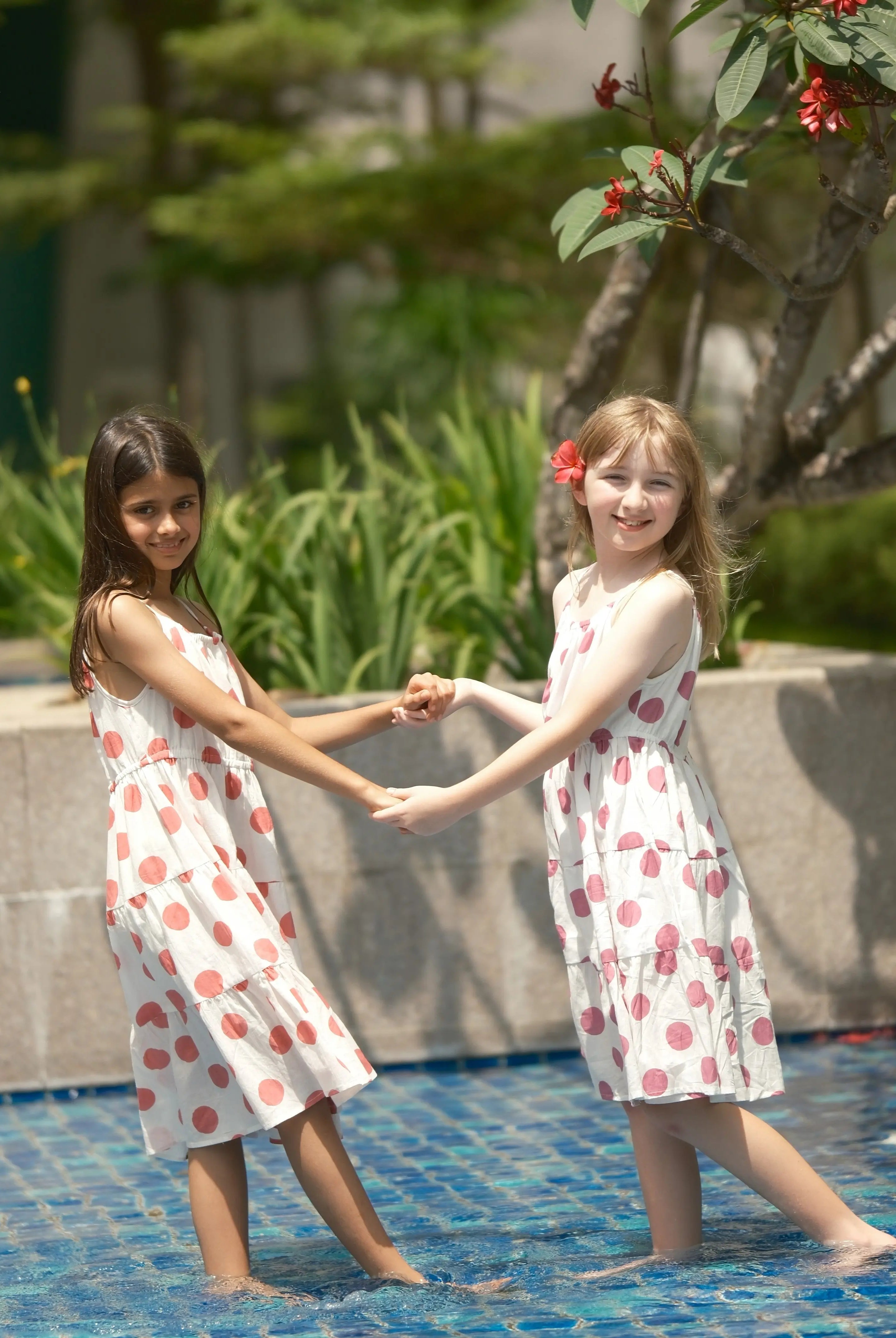 Sasha Coral Polka Girls Long Dress in Cotton Nimbu