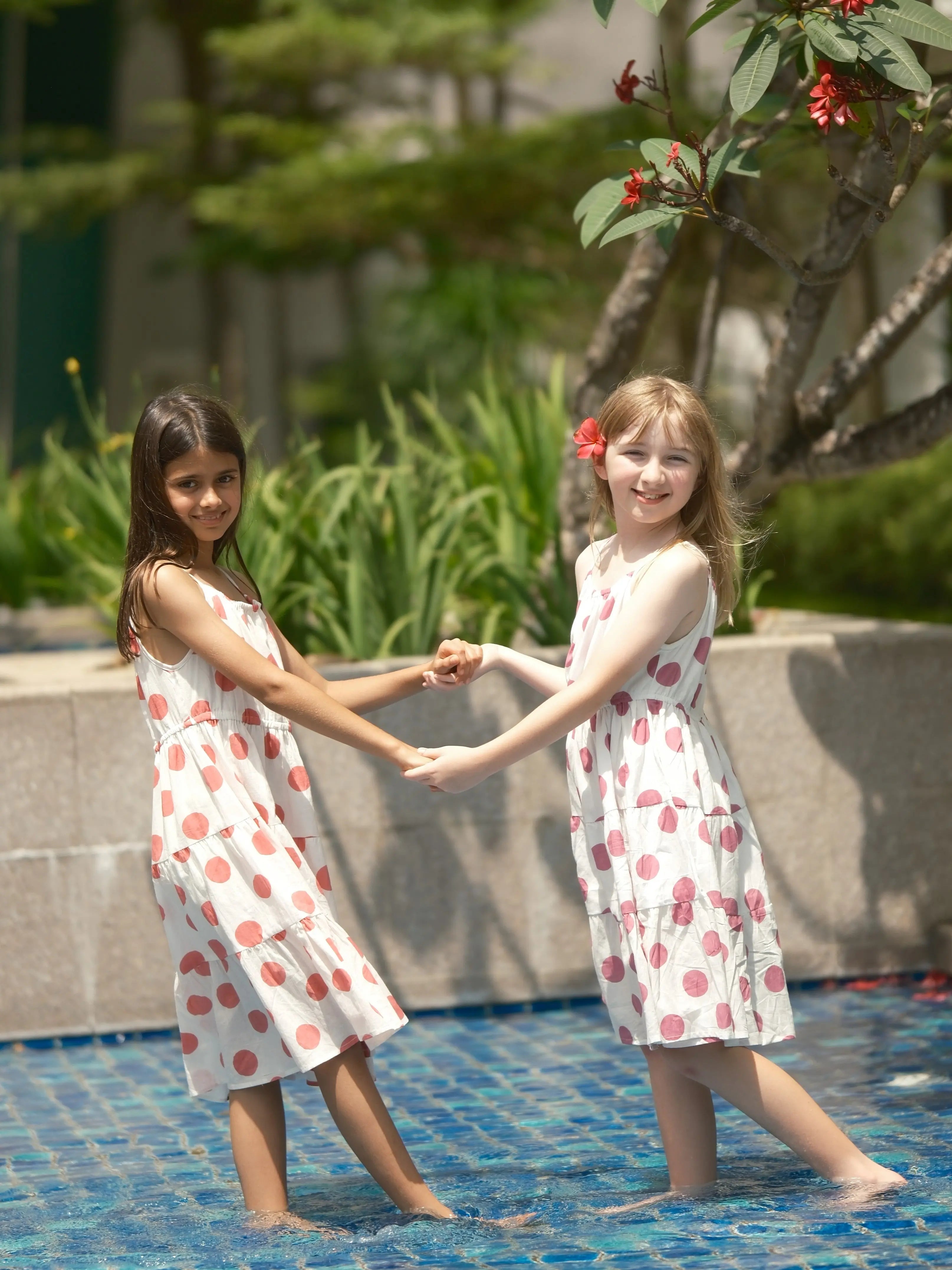 Sasha Coral Polka Girls Long Dress in Cotton Nimbu