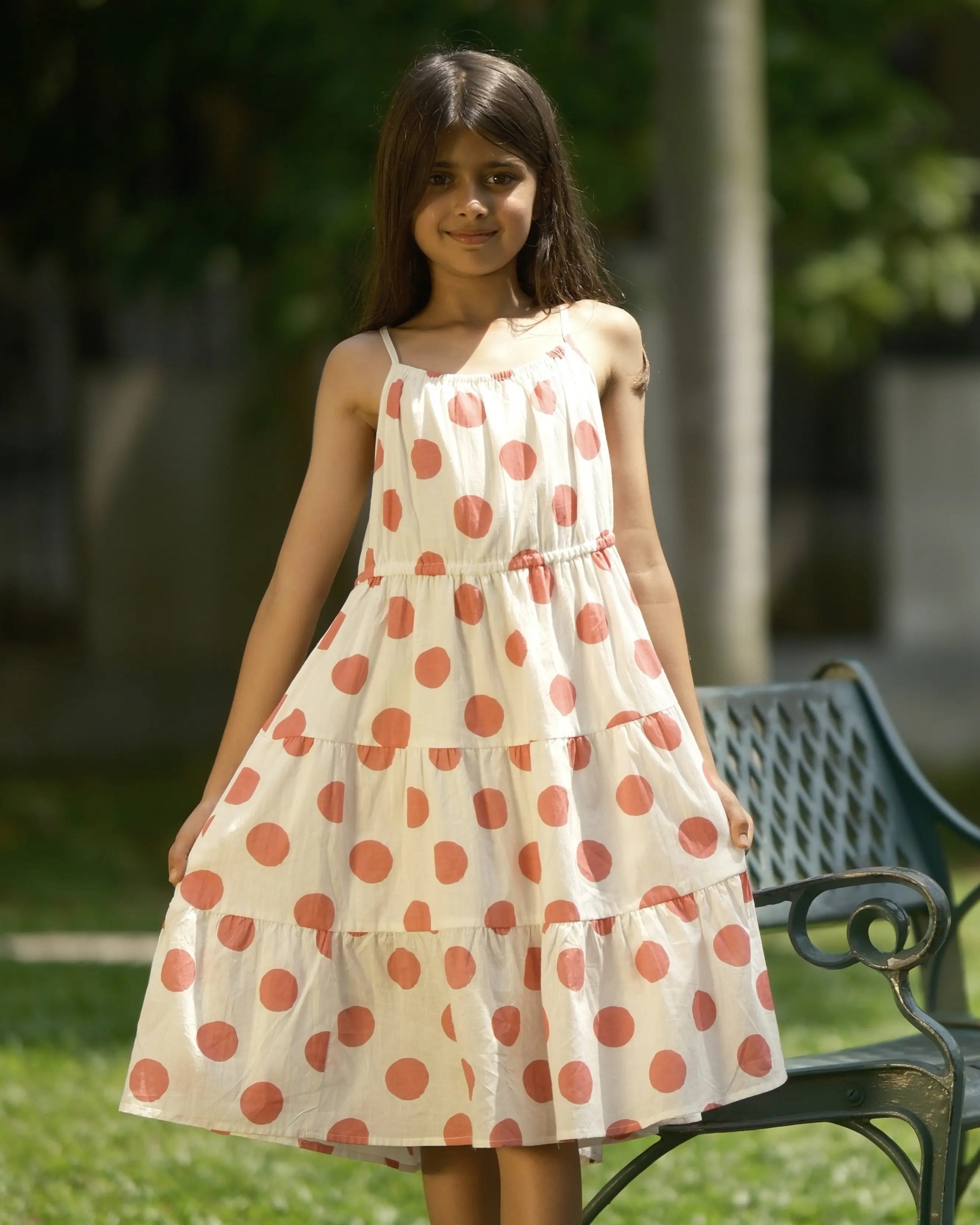 Sasha Pink Polka Girls Long Dress in Cotton Nimbu