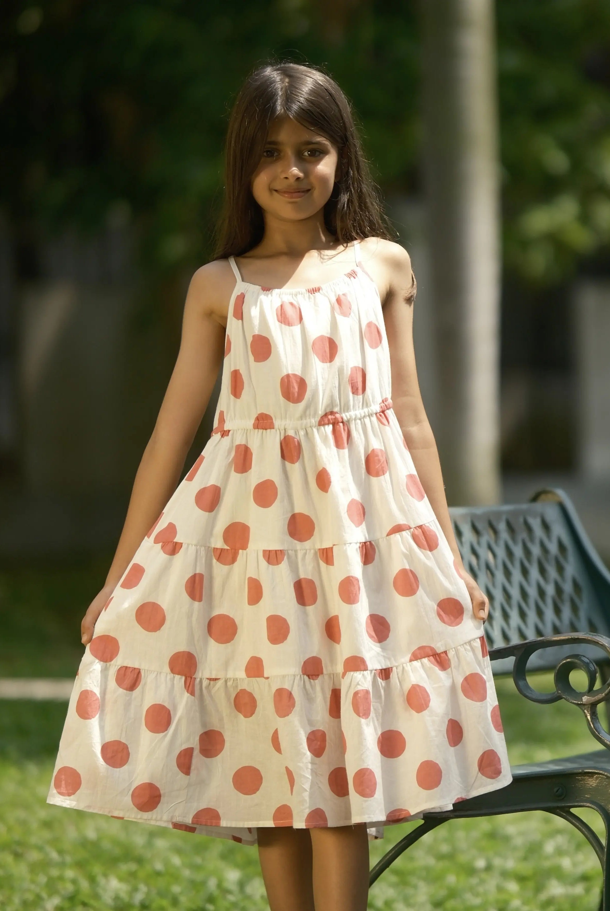 Sasha Pink Polka Girls Long Dress in Cotton Nimbu