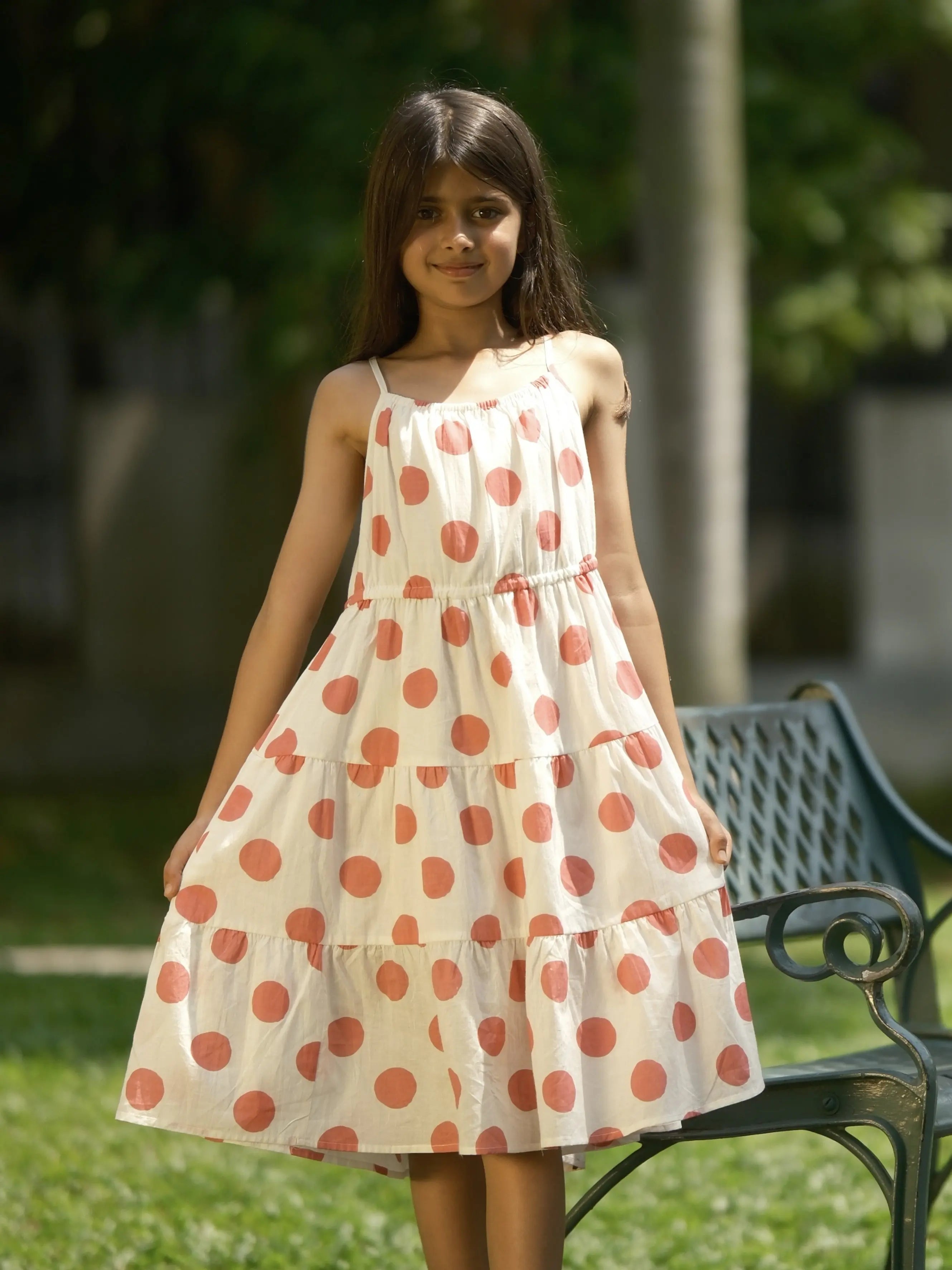 Sasha Pink Polka Girls Long Dress in Cotton Nimbu