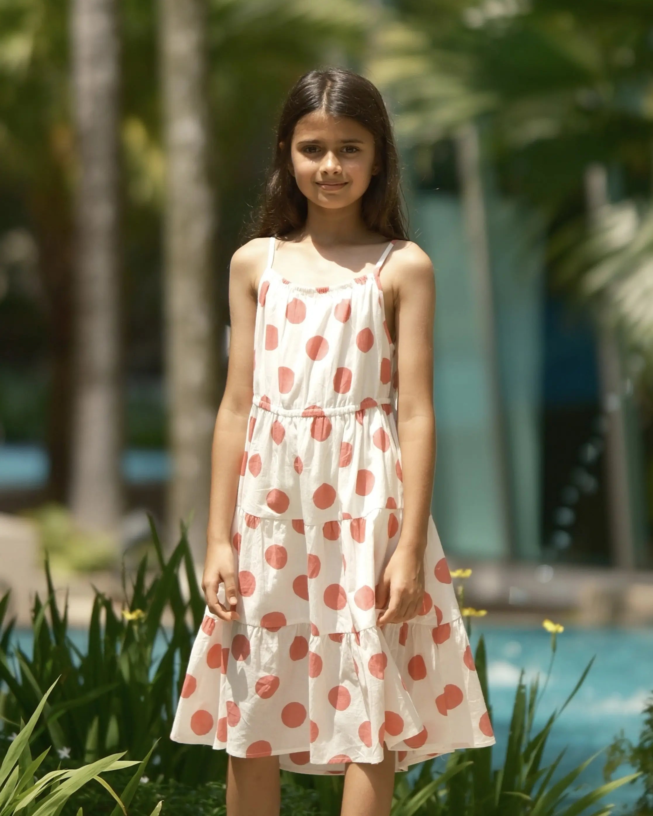 Sasha Pink Polka Girls Long Dress in Cotton Nimbu