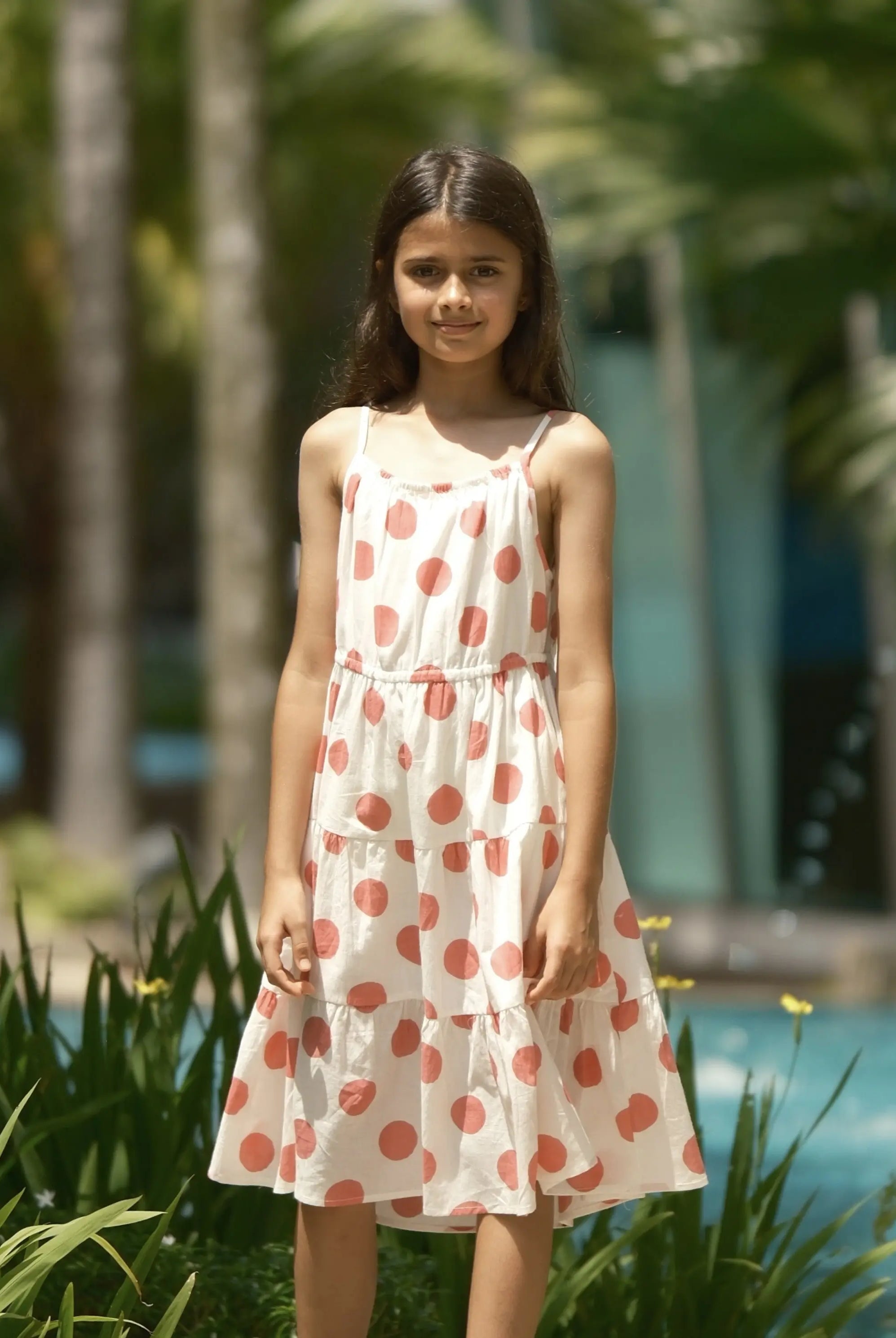 Sasha Pink Polka Girls Long Dress in Cotton Nimbu