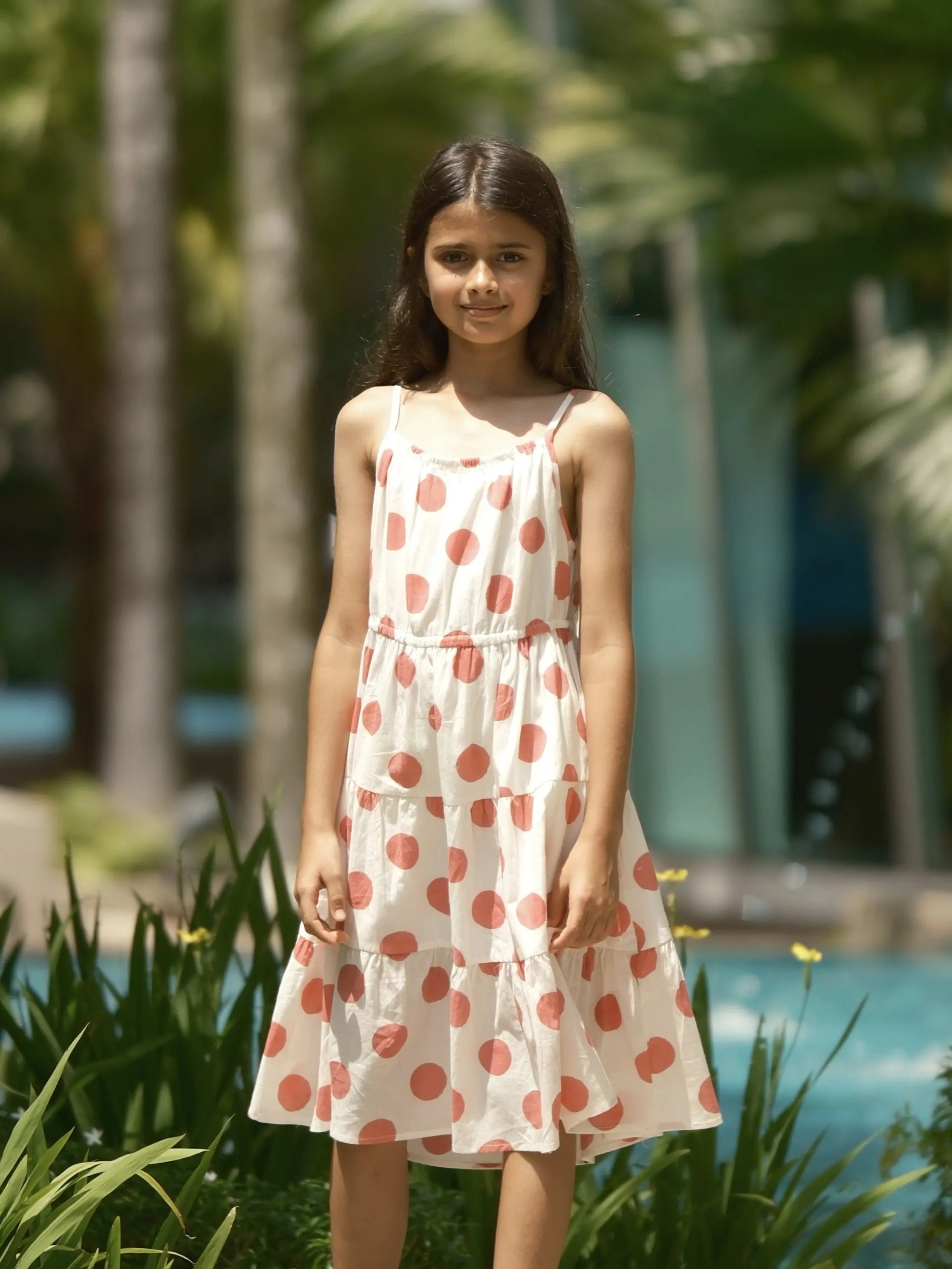 Sasha Pink Polka Girls Long Dress in Cotton Nimbu