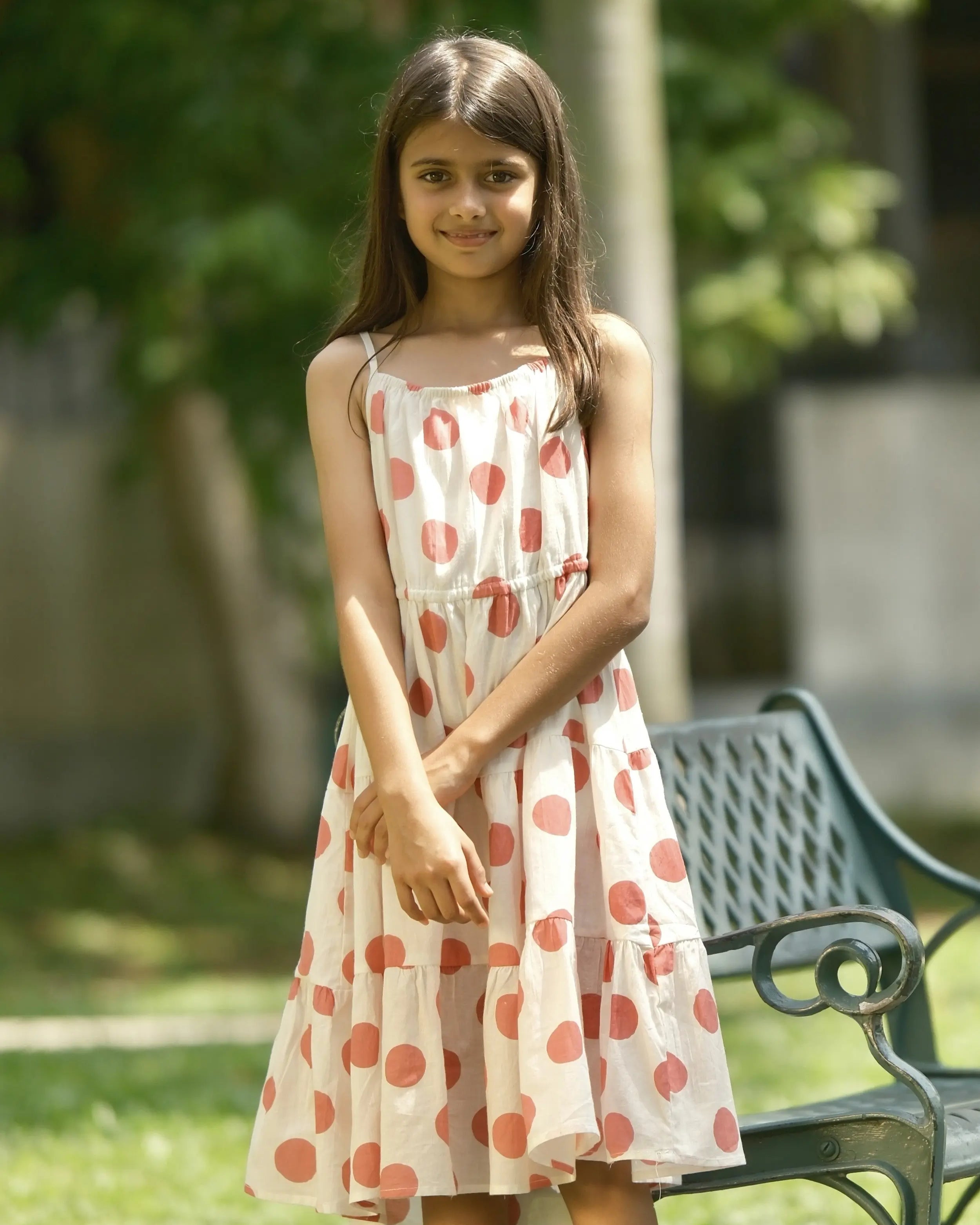 Sasha Pink Polka Girls Long Dress in Cotton Nimbu