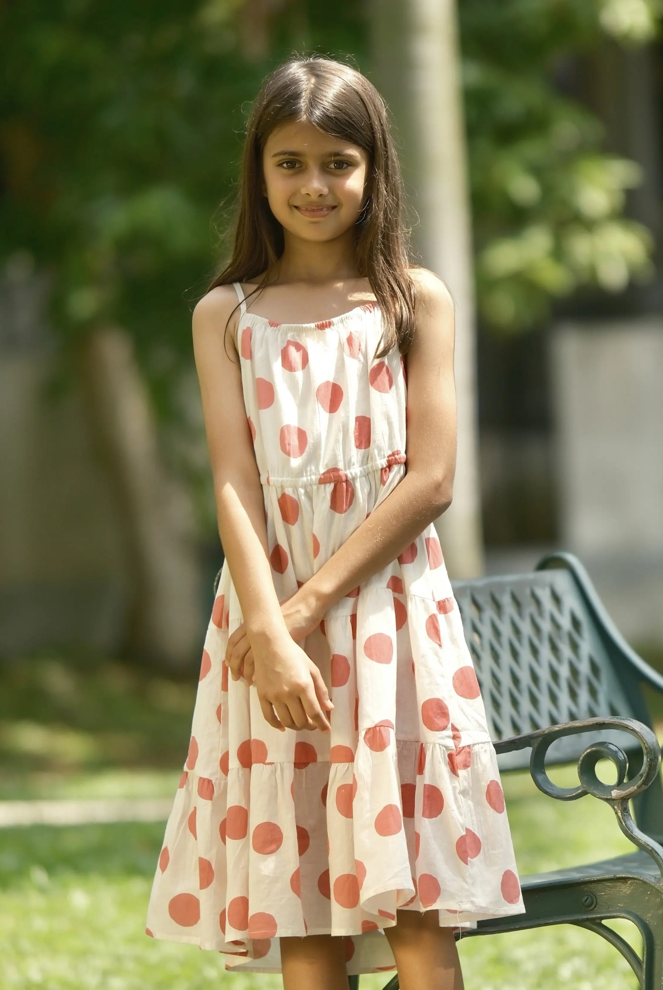 Sasha Pink Polka Girls Long Dress in Cotton Nimbu