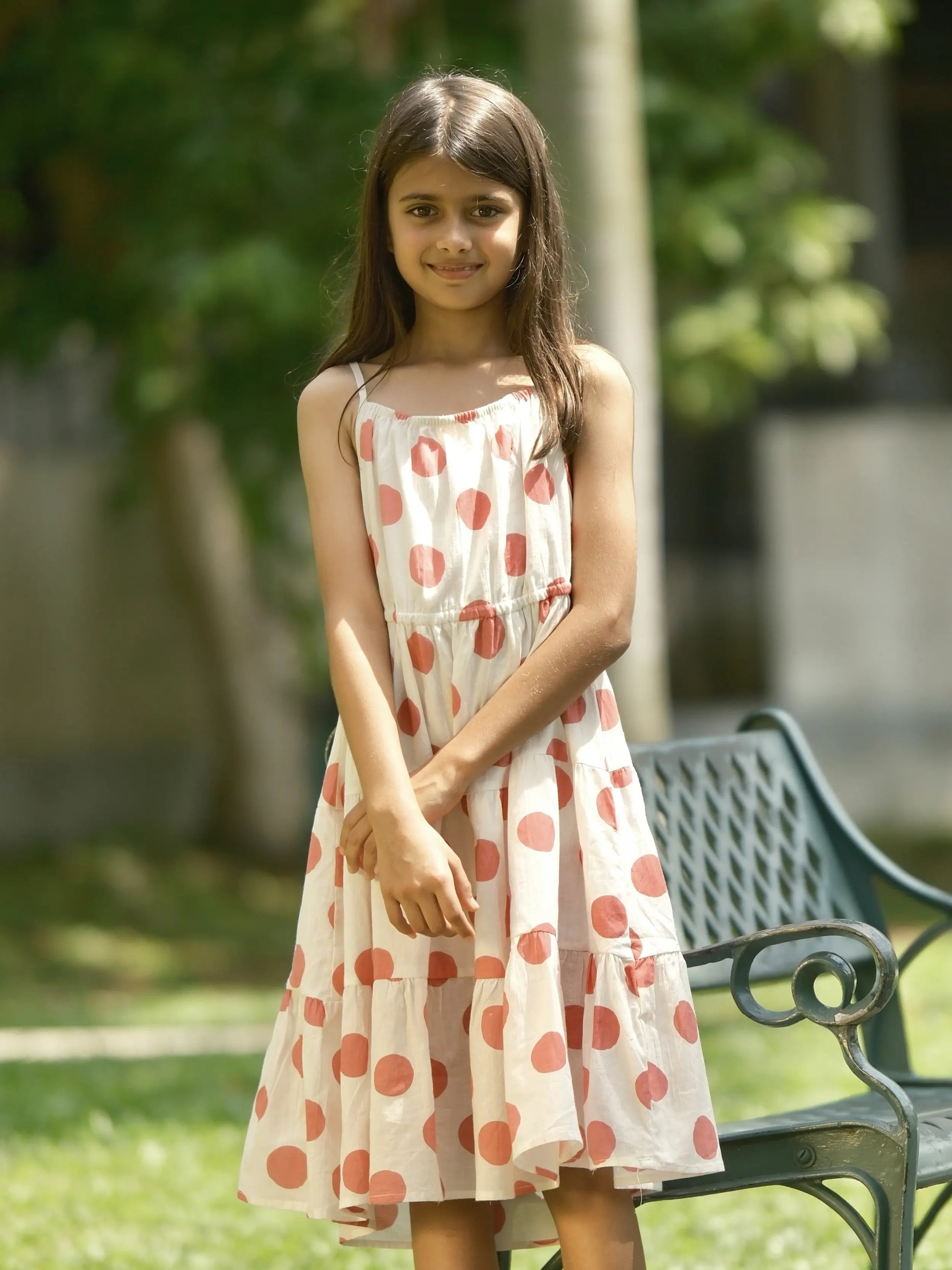 Sasha Pink Polka Girls Long Dress in Cotton Nimbu