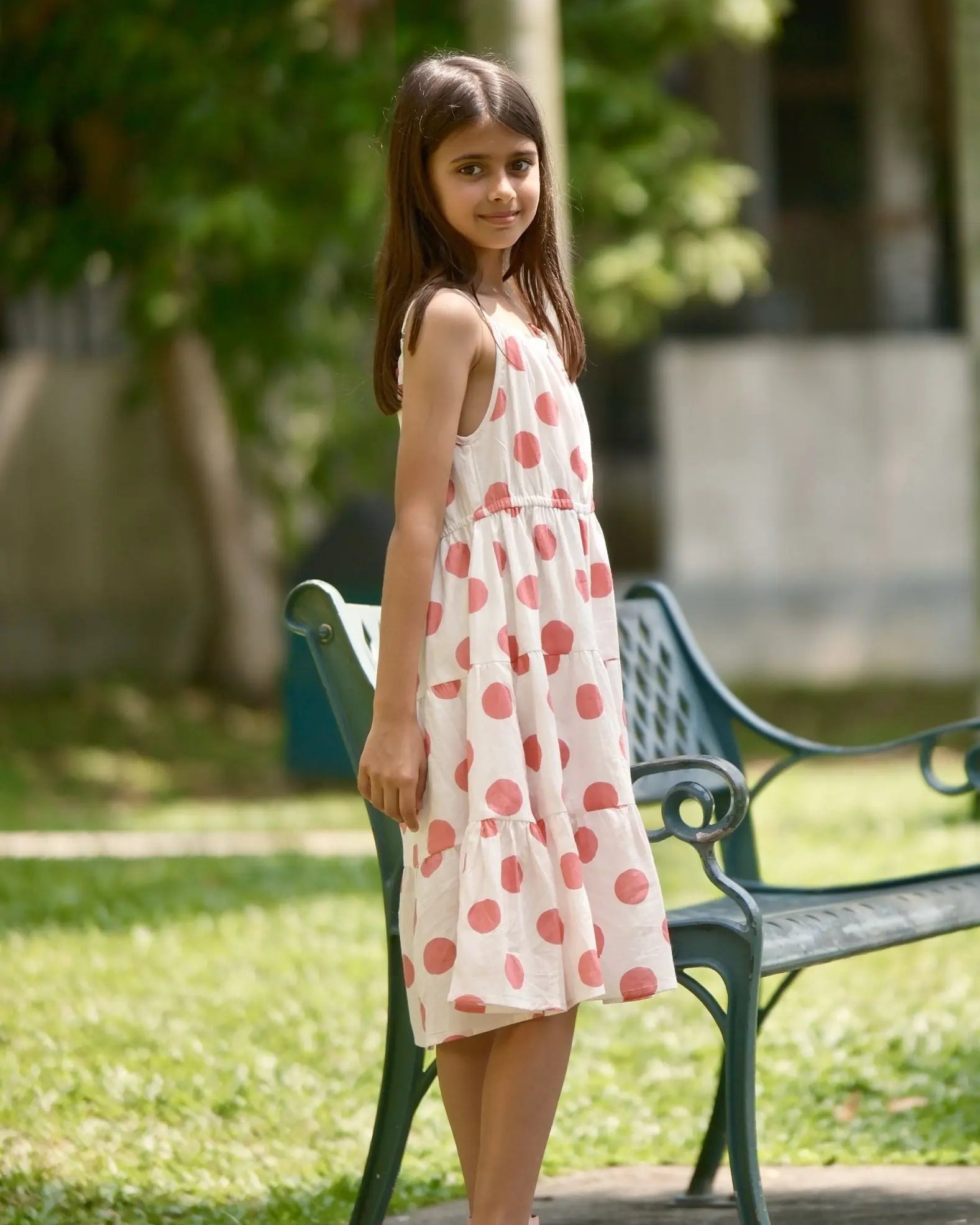 Sasha Pink Polka Girls Long Dress in Cotton Nimbu