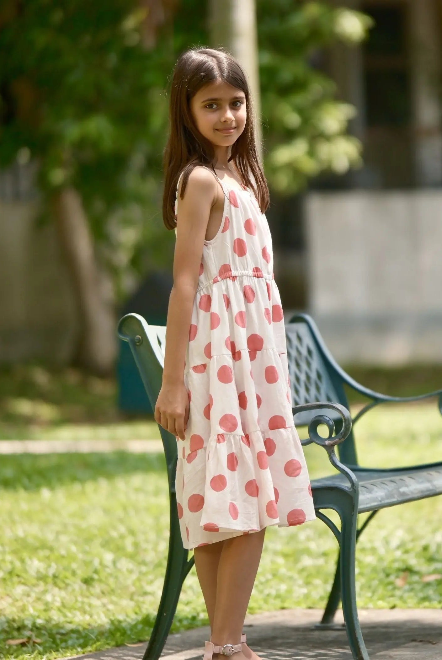 Sasha Pink Polka Girls Long Dress in Cotton Nimbu