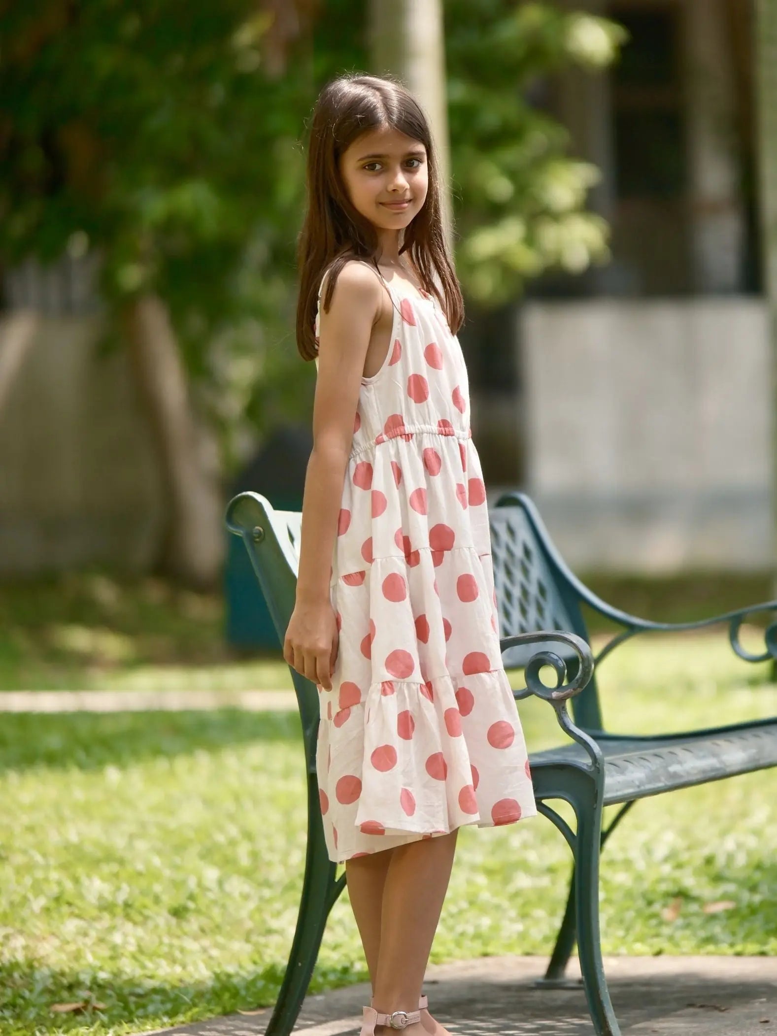 Sasha Pink Polka Girls Long Dress in Cotton Nimbu