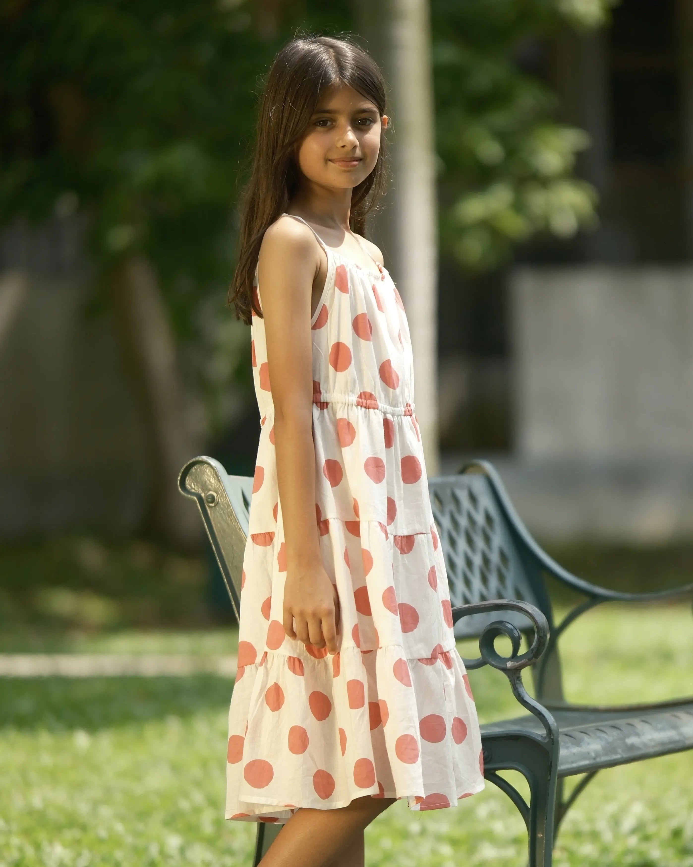 Sasha Pink Polka Girls Long Dress in Cotton Nimbu