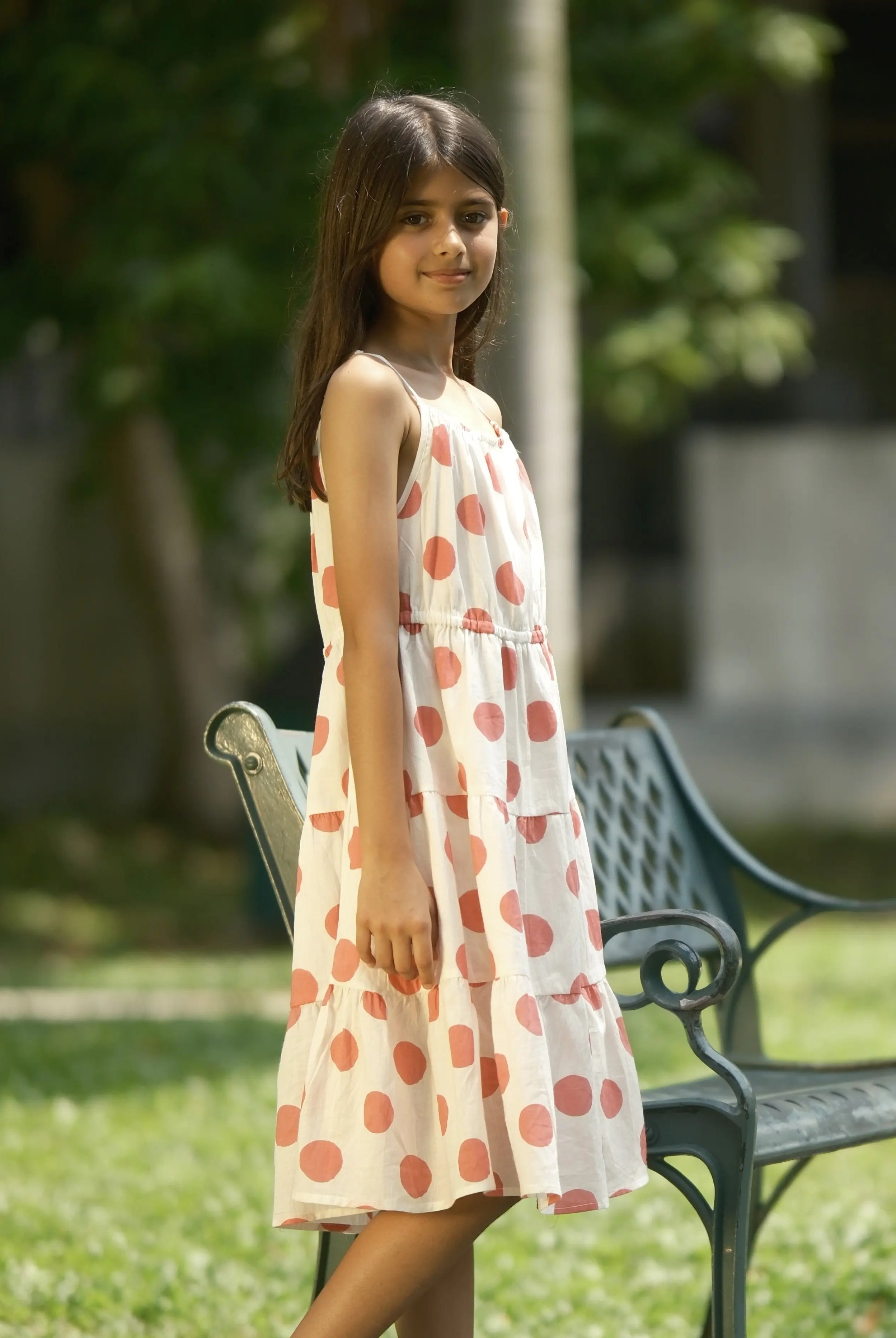 Sasha Pink Polka Girls Long Dress in Cotton Nimbu
