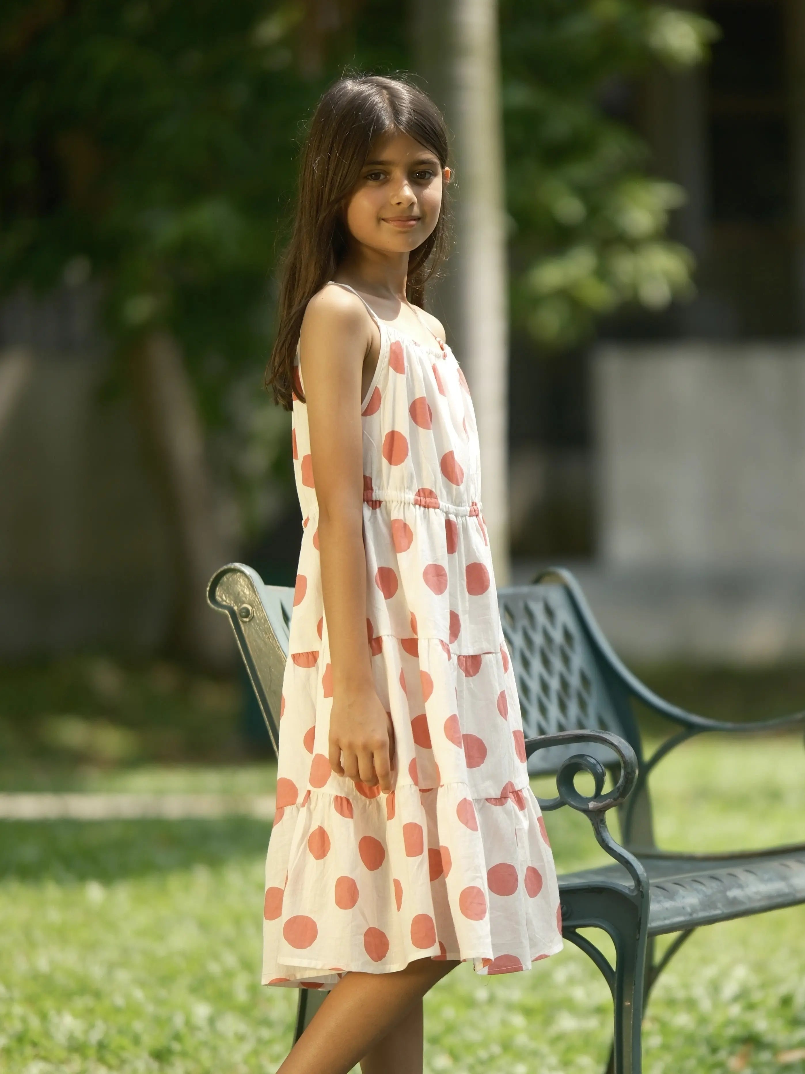 Sasha Pink Polka Girls Long Dress in Cotton Nimbu
