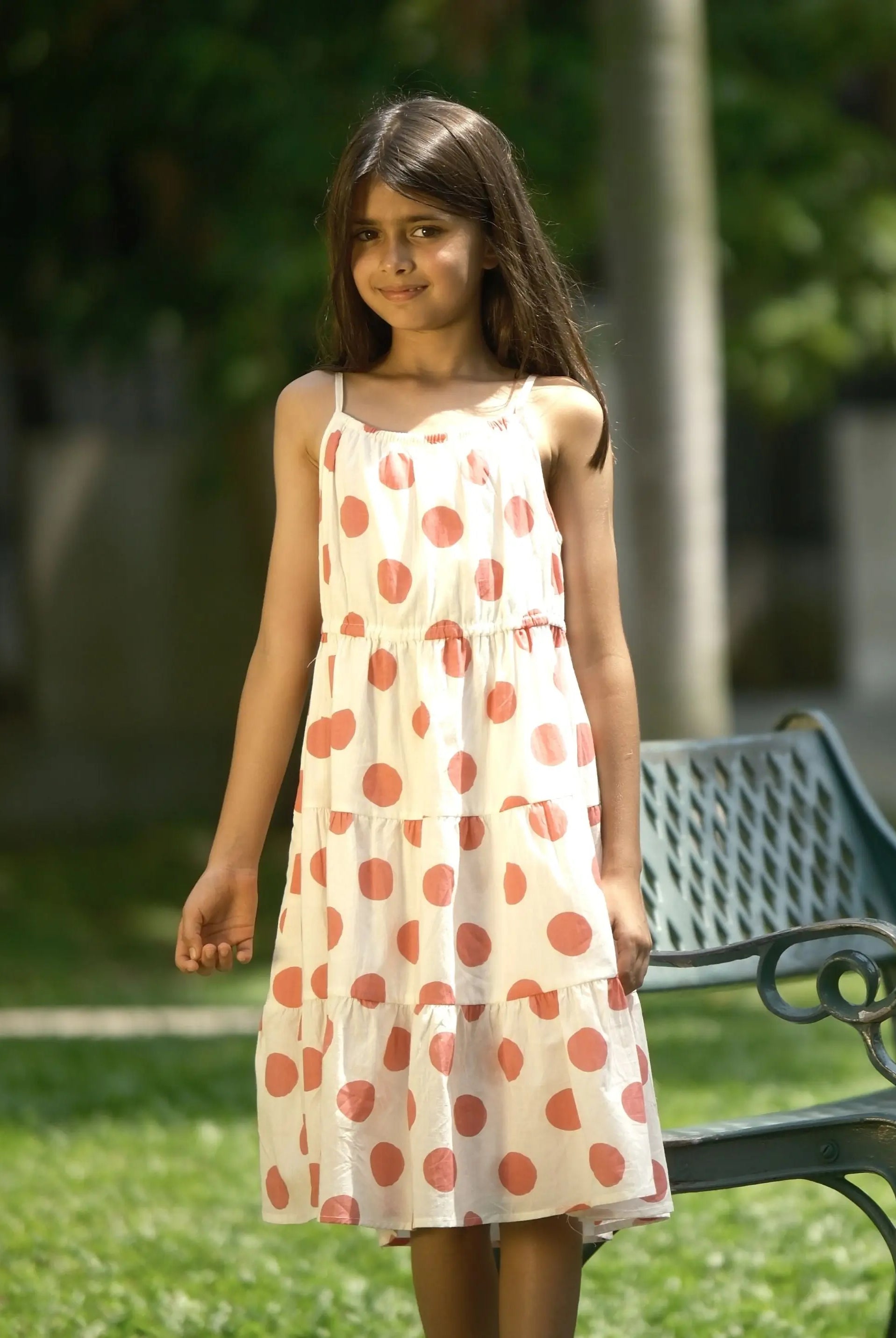 Sasha Pink Polka Girls Long Dress in Cotton Nimbu