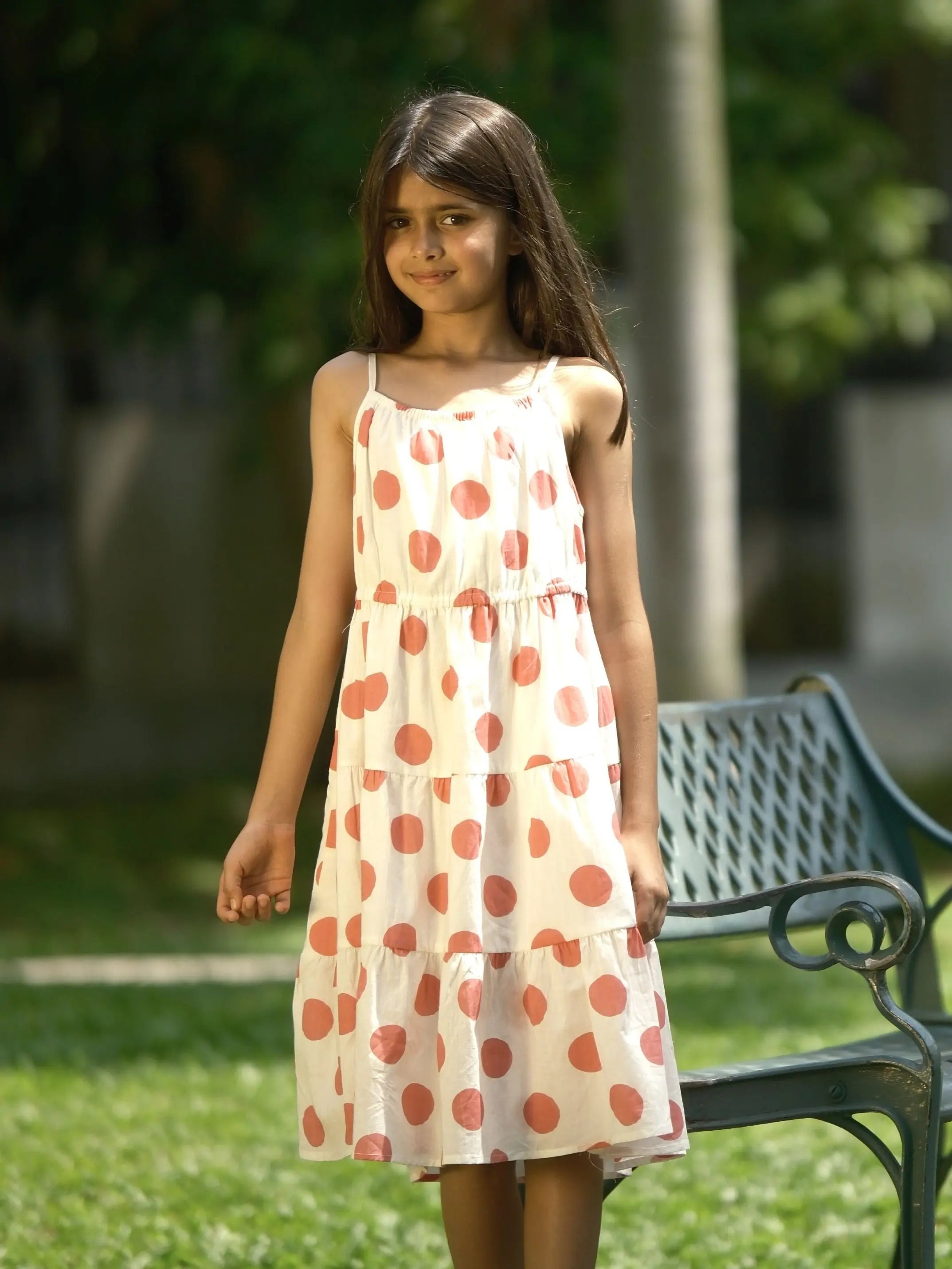Sasha Pink Polka Girls Long Dress in Cotton Nimbu