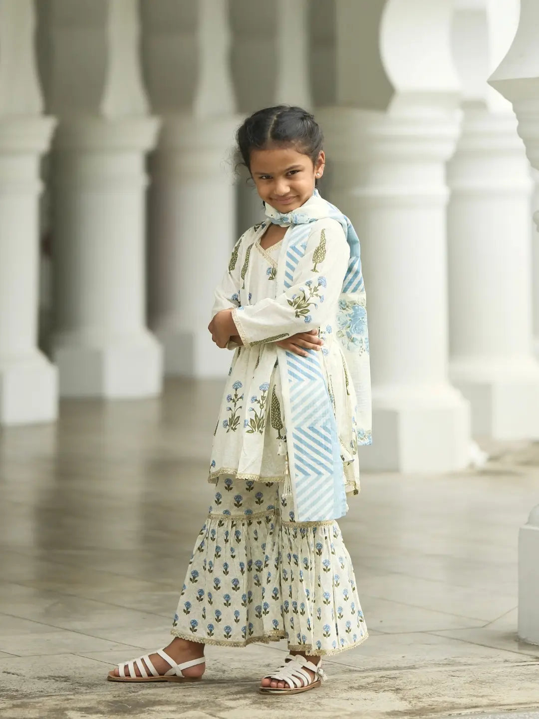 Shaheen Blue Angarkha Sharara in Cotton Nimbu