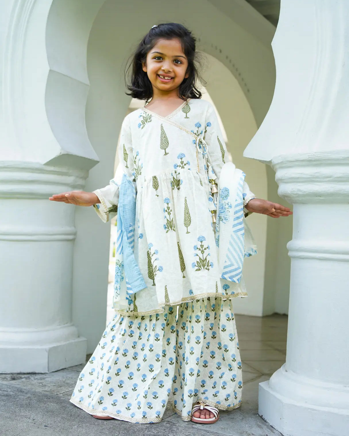 Shaheen Blue Angarkha Sharara in Cotton Nimbu