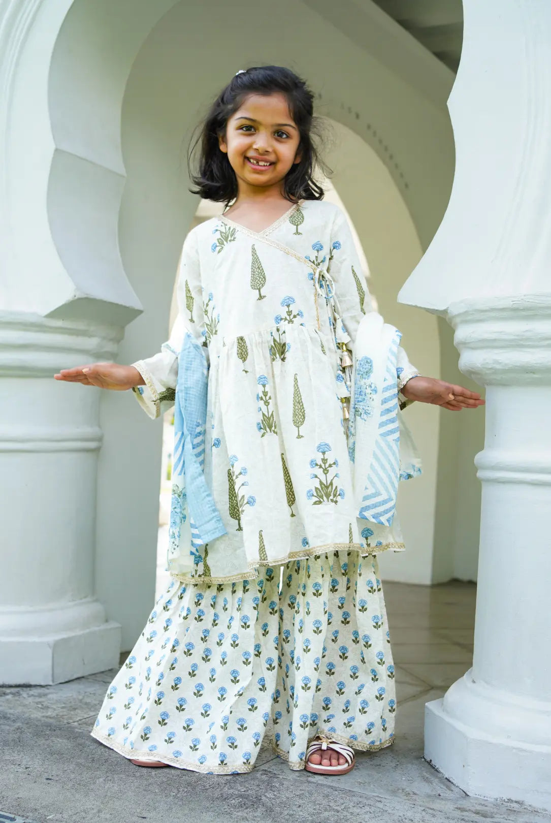 Shaheen Blue Angarkha Sharara in Cotton Nimbu