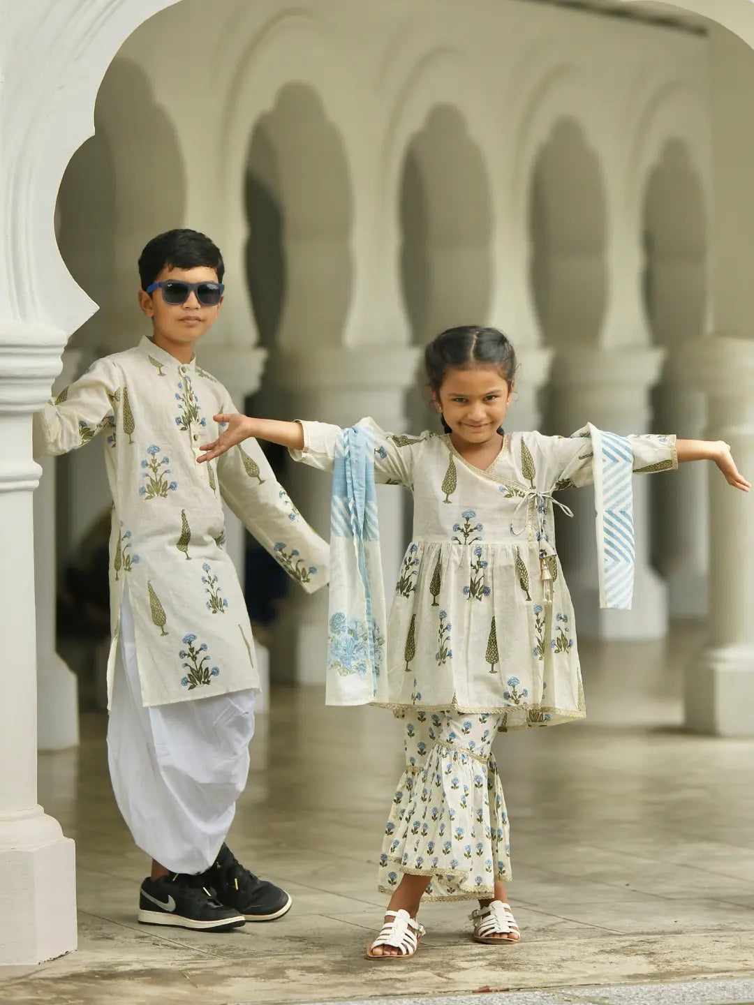 Shaheen Blue Angarkha Sharara in Cotton Nimbu