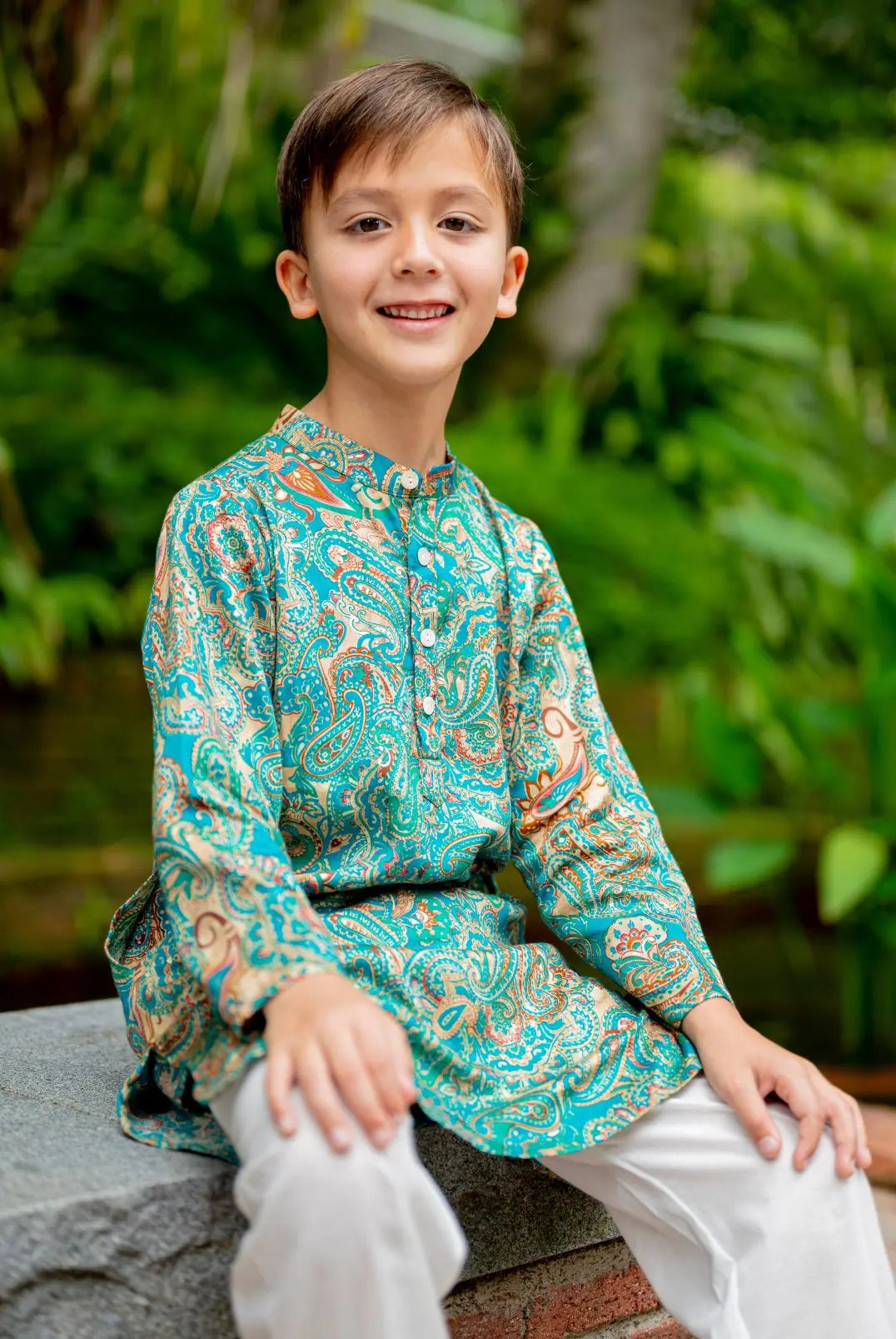 Shan Boys Muslin Cotton Kurta Pajama in Green Paisley Nimbu