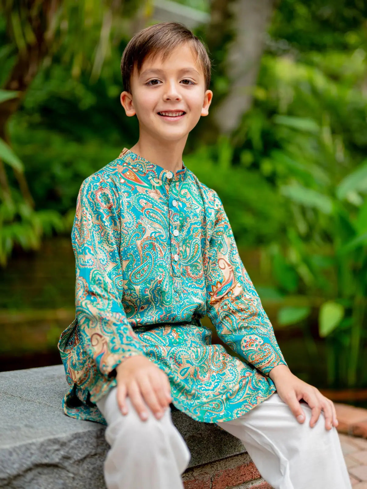 Shan Boys Muslin Cotton Kurta Pajama in Green Paisley Nimbu