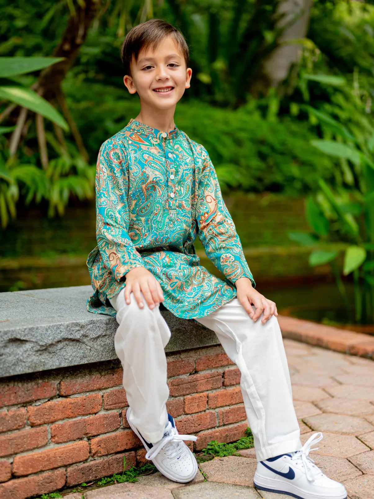 Shan Boys Muslin Cotton Kurta Pajama in Green Paisley Nimbu