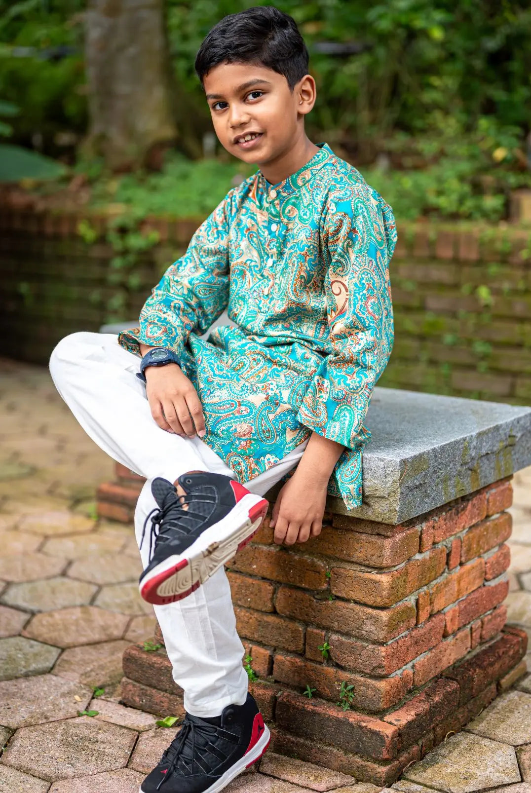 Shan Boys Muslin Cotton Kurta Pajama in Green Paisley Nimbu