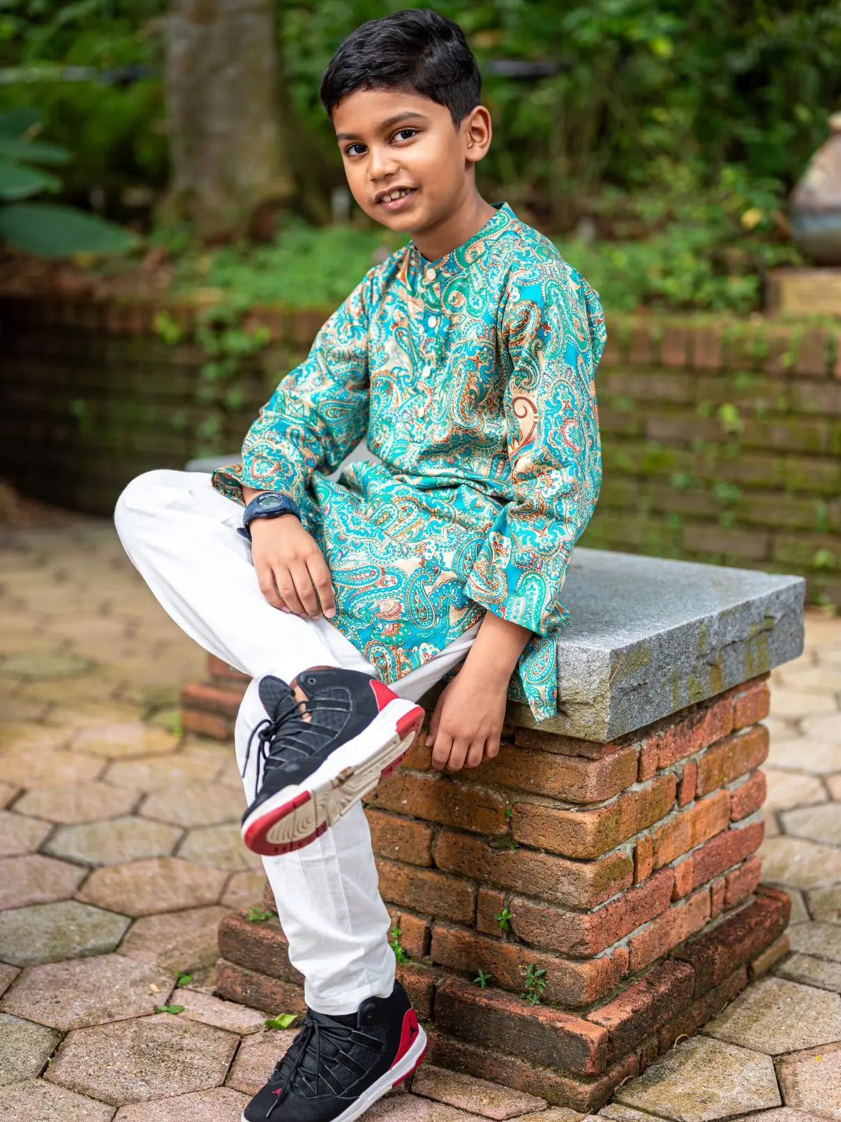 Shan Boys Muslin Cotton Kurta Pajama in Green Paisley Nimbu