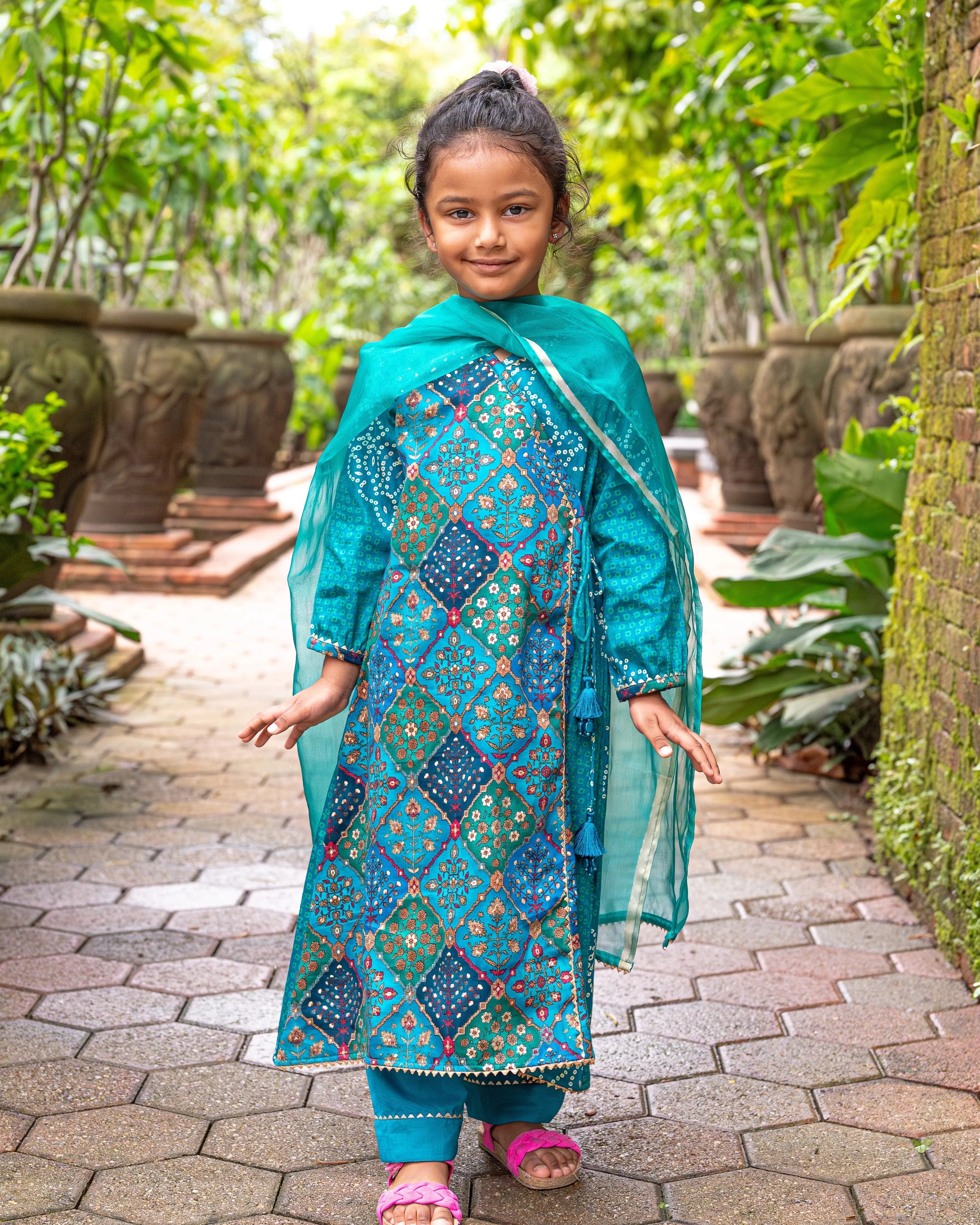 Shan Green Girls Angrakha Kurti Pant with Dupatta Set in Muslin Cotton Nimbu