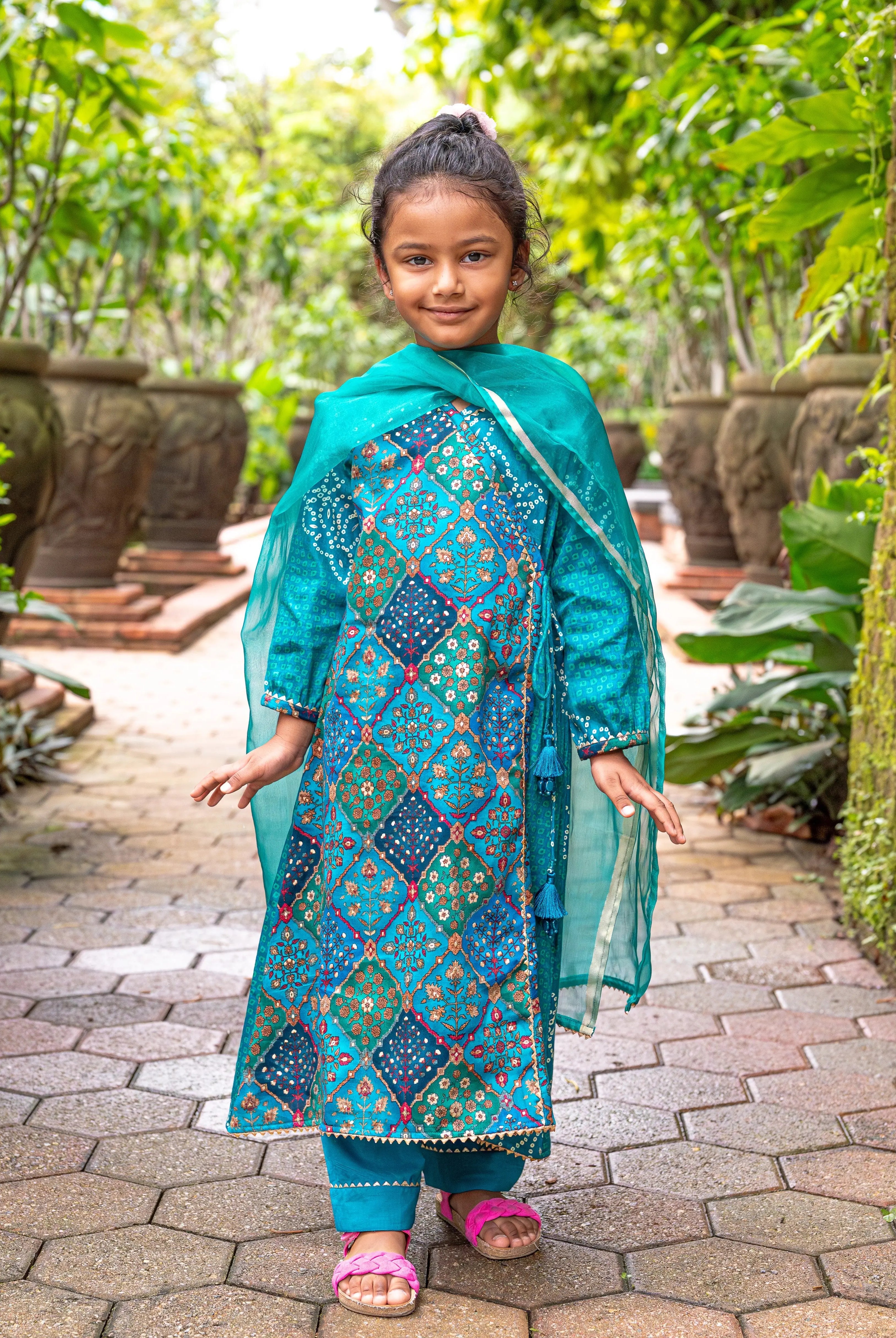 Shan Green Girls Angrakha Kurti Pant with Dupatta Set in Muslin Cotton Nimbu